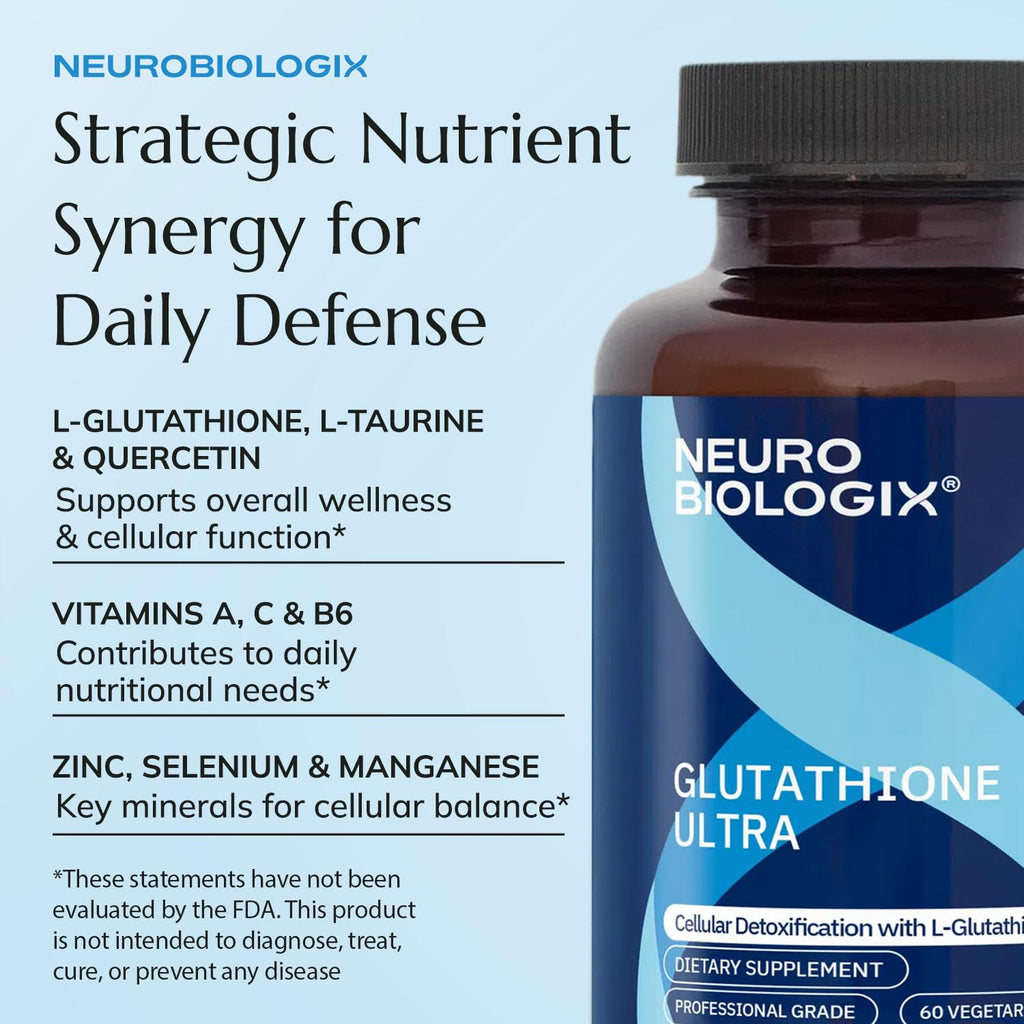 Neurobiologix Glutathione Ultra, L-Glutathione Antioxidant Complex with Vitamin C, A, B2, B6, Zinc, Selenium, Manganese, Taurine & Quercetin for Cellular Health, Gluten Free, 60 Vegetarian Capsules - TrustMedUSA