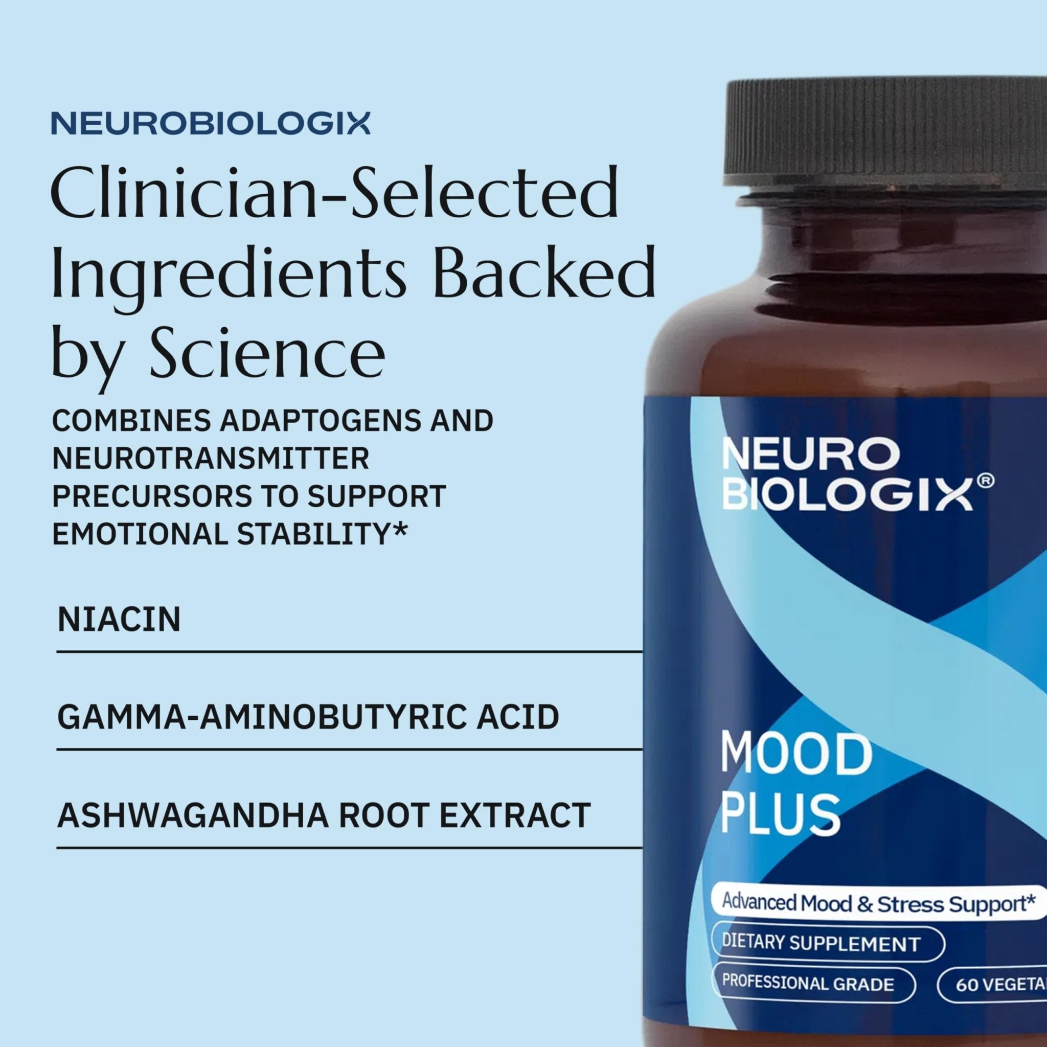 Neurobiologix Mood Plus for Men and Women, Mood & Stress Support Supplement with GABA, 5-HTP, Ashwagandha, Magnesium & Chamomile for Emotional Balance, Relaxation & Serotonin Support, 60 Capsules - TrustMedUSA