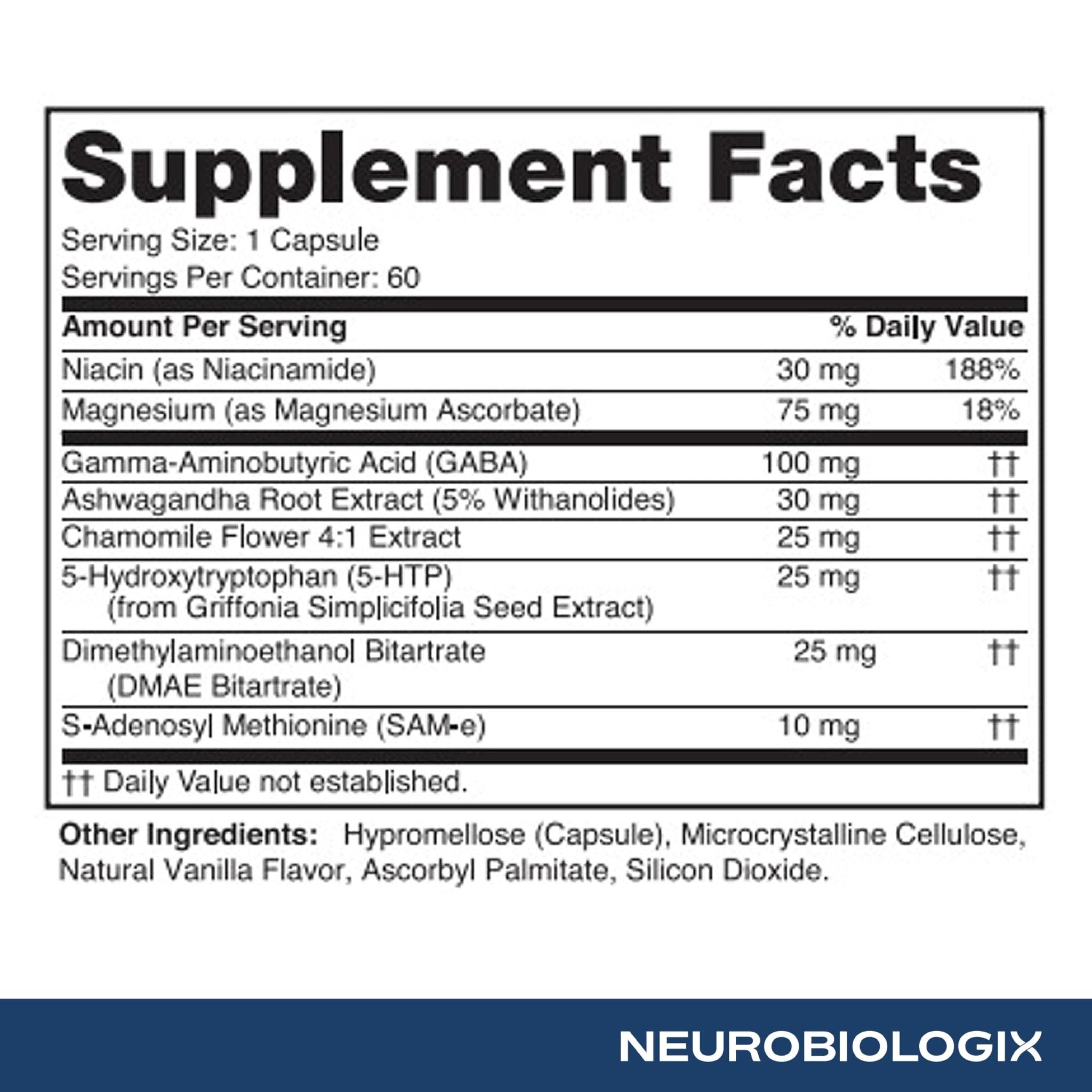 Neurobiologix Mood Plus for Men and Women, Mood & Stress Support Supplement with GABA, 5-HTP, Ashwagandha, Magnesium & Chamomile for Emotional Balance, Relaxation & Serotonin Support, 60 Capsules - TrustMedUSA