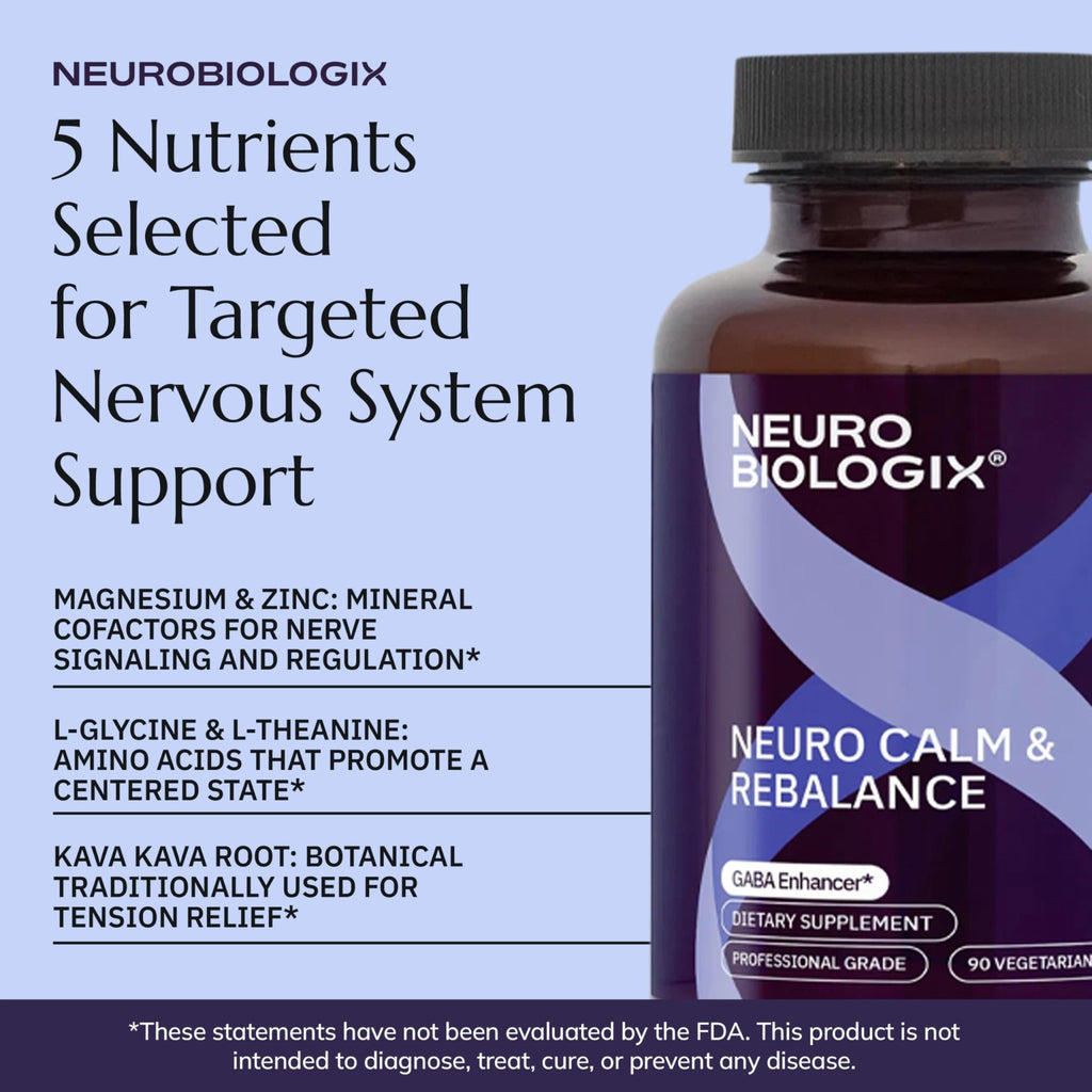 Neurobiologix Neuro Calm & Rebalance, L Theanine, Magnesium, Zinc & Kava Kava Complex for Calm Mood Balance and Stress Support, GABA Activity Support Supplement, Gluten Free, Vegetarian, 90 Capsules - TrustMedUSA