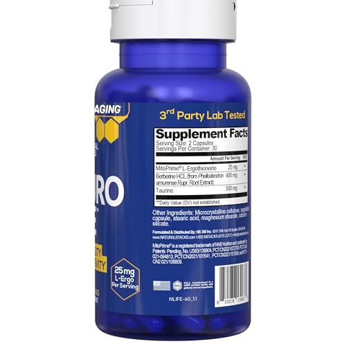 NeuroLife Longevity Supplement - 500mg Taurine & 400mg Berberine Supplement - Clinically Tested MitoPrime L-Ergothioneine - Brain Support for Cognitive Vitality - 60 Berberine Capsules - TrustMedUSA