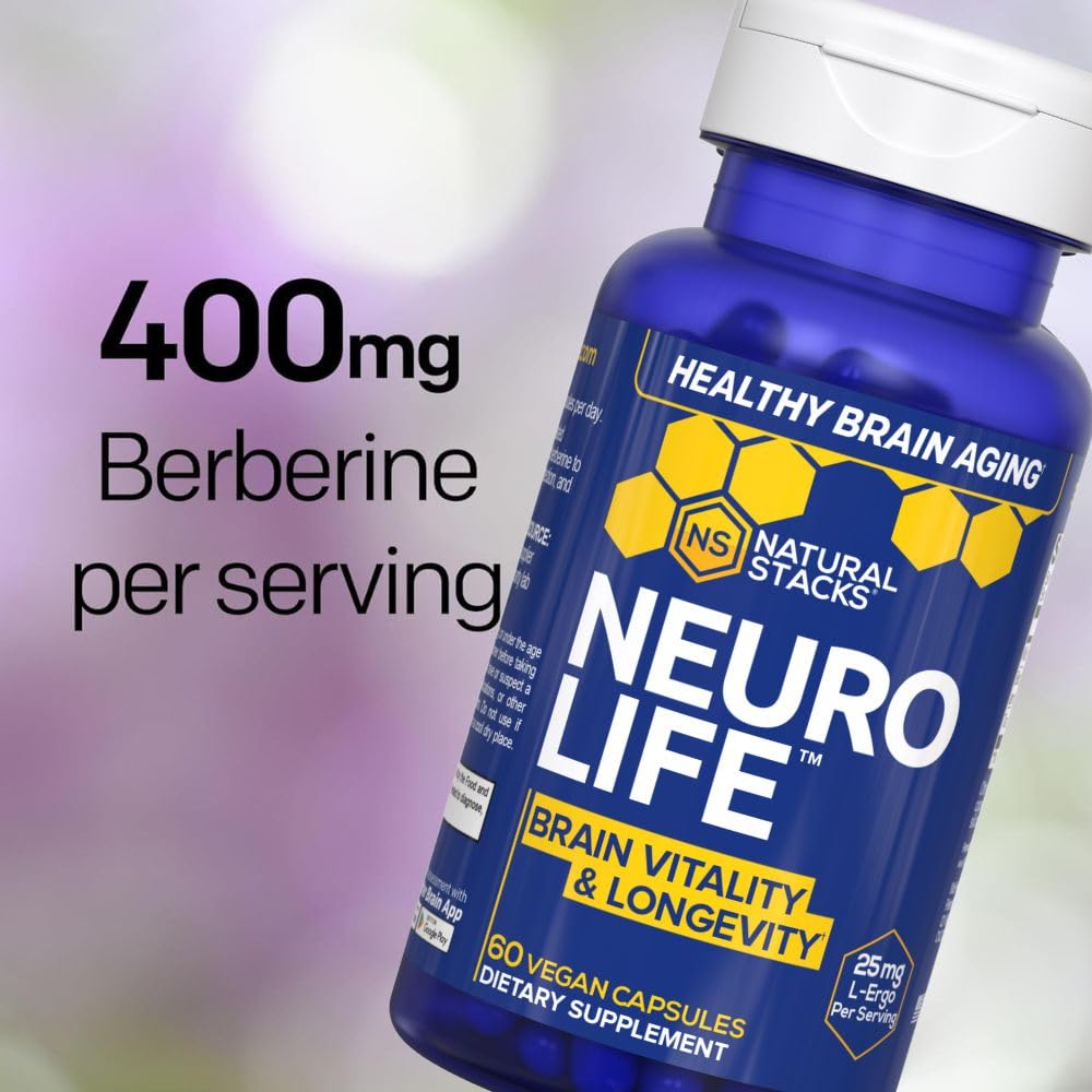 NeuroLife Longevity Supplement - 500mg Taurine & 400mg Berberine Supplement - Clinically Tested MitoPrime L-Ergothioneine - Brain Support for Cognitive Vitality - 60 Berberine Capsules - TrustMedUSA