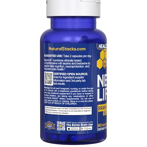 NeuroLife Longevity Supplement - 500mg Taurine & 400mg Berberine Supplement - Clinically Tested MitoPrime L-Ergothioneine - Brain Support for Cognitive Vitality - 60 Berberine Capsules - TrustMedUSA
