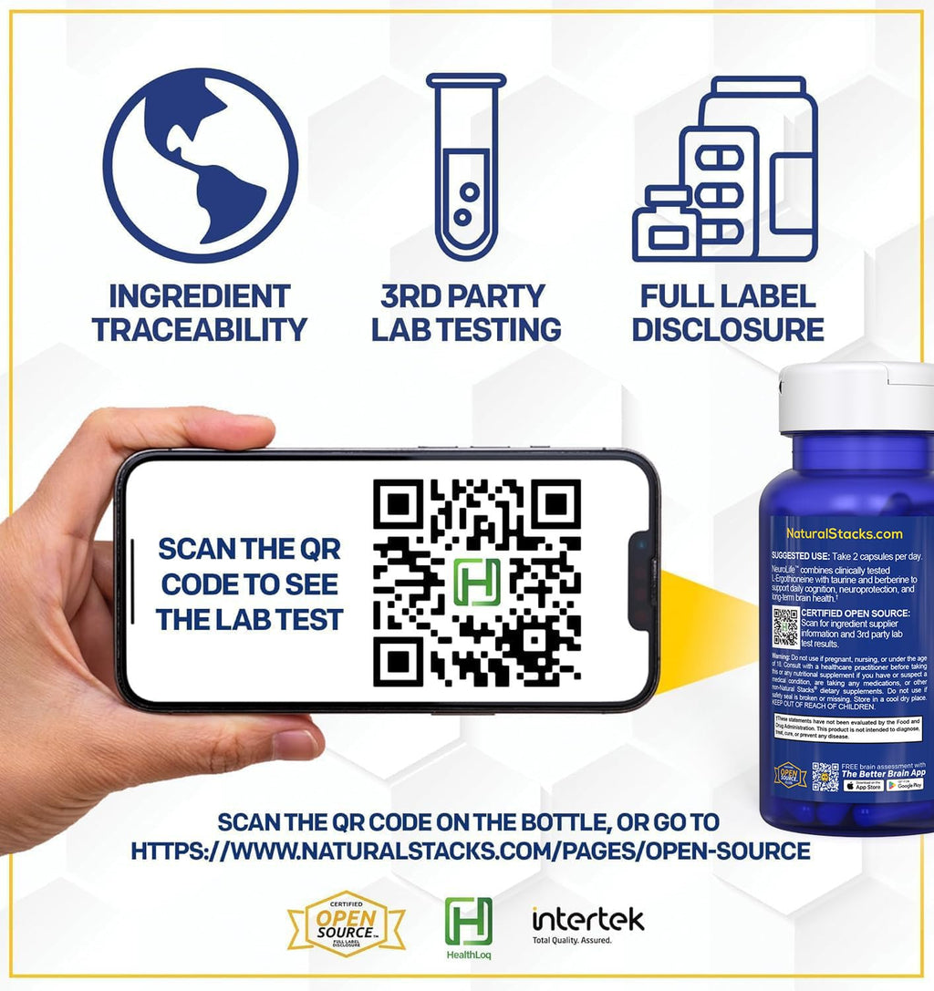 NeuroLife Longevity Supplement - 500mg Taurine & 400mg Berberine Supplement - Clinically Tested MitoPrime L-Ergothioneine - Brain Support for Cognitive Vitality - 60 Berberine Capsules - TrustMedUSA