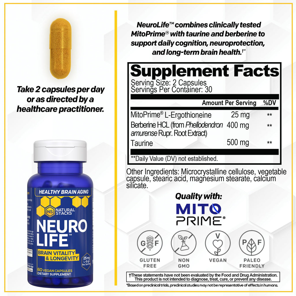 NeuroLife Longevity Supplement - 500mg Taurine & 400mg Berberine Supplement - Clinically Tested MitoPrime L-Ergothioneine - Brain Support for Cognitive Vitality - 60 Berberine Capsules - TrustMedUSA