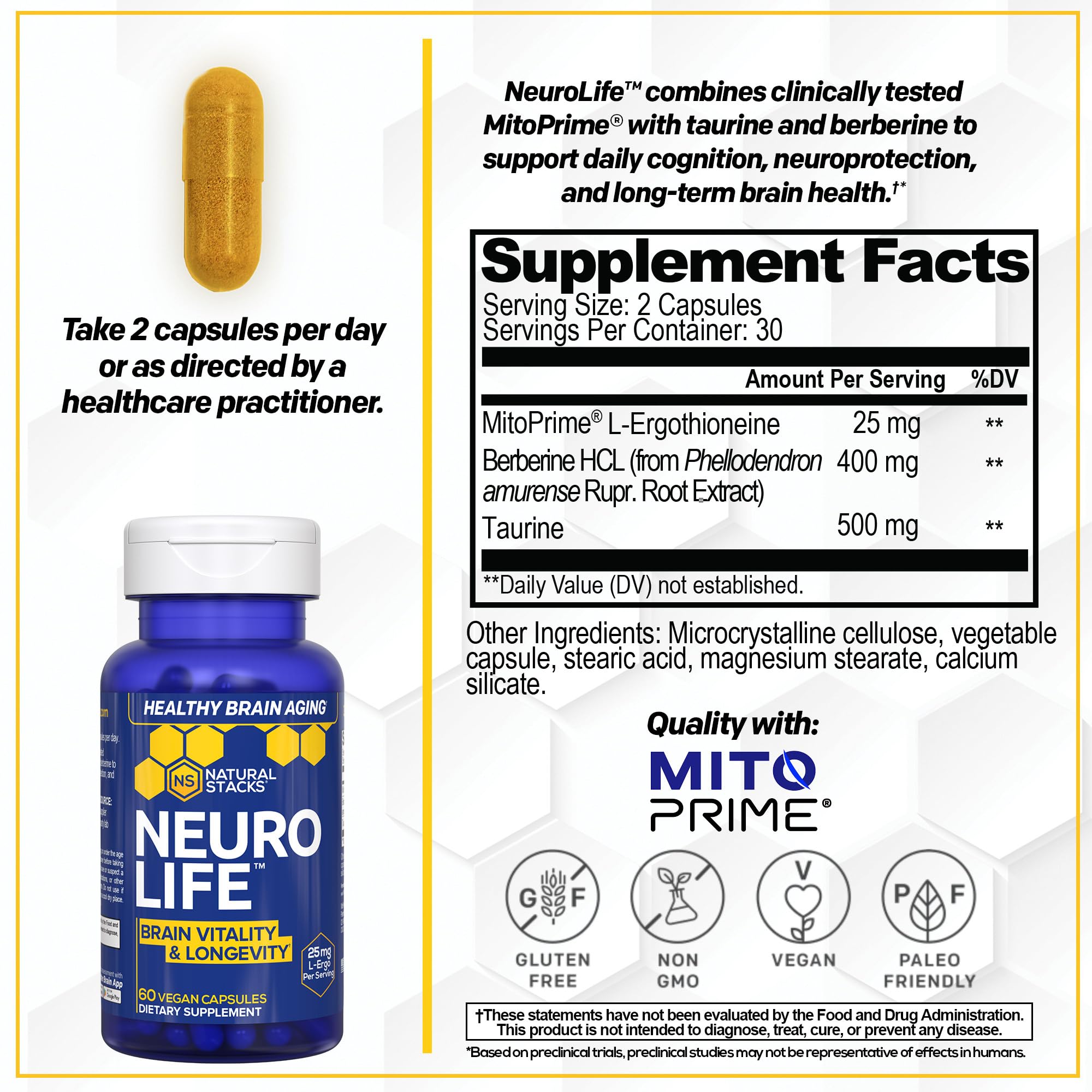 NeuroLife Longevity Supplement - 500mg Taurine & 400mg Berberine Supplement - Clinically Tested MitoPrime L-Ergothioneine - Brain Support for Cognitive Vitality - 60 Berberine Capsules - TrustMedUSA