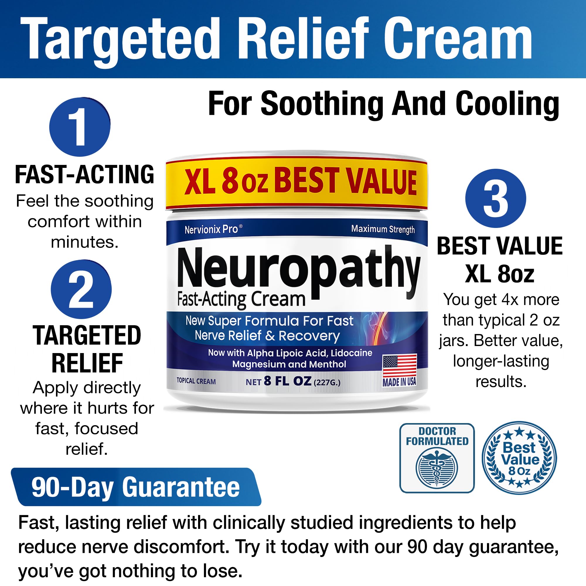 Neuropathy Nerve Relief Cream – Extra Large 8 oz – Maximum Strength for Feet Hands Legs Toes Back – Natural Ingredients Arnica Aloe Vera MSM Vitamins – Fast-Acting Soothing Relief – Super Value 8 oz - TrustMedUSA