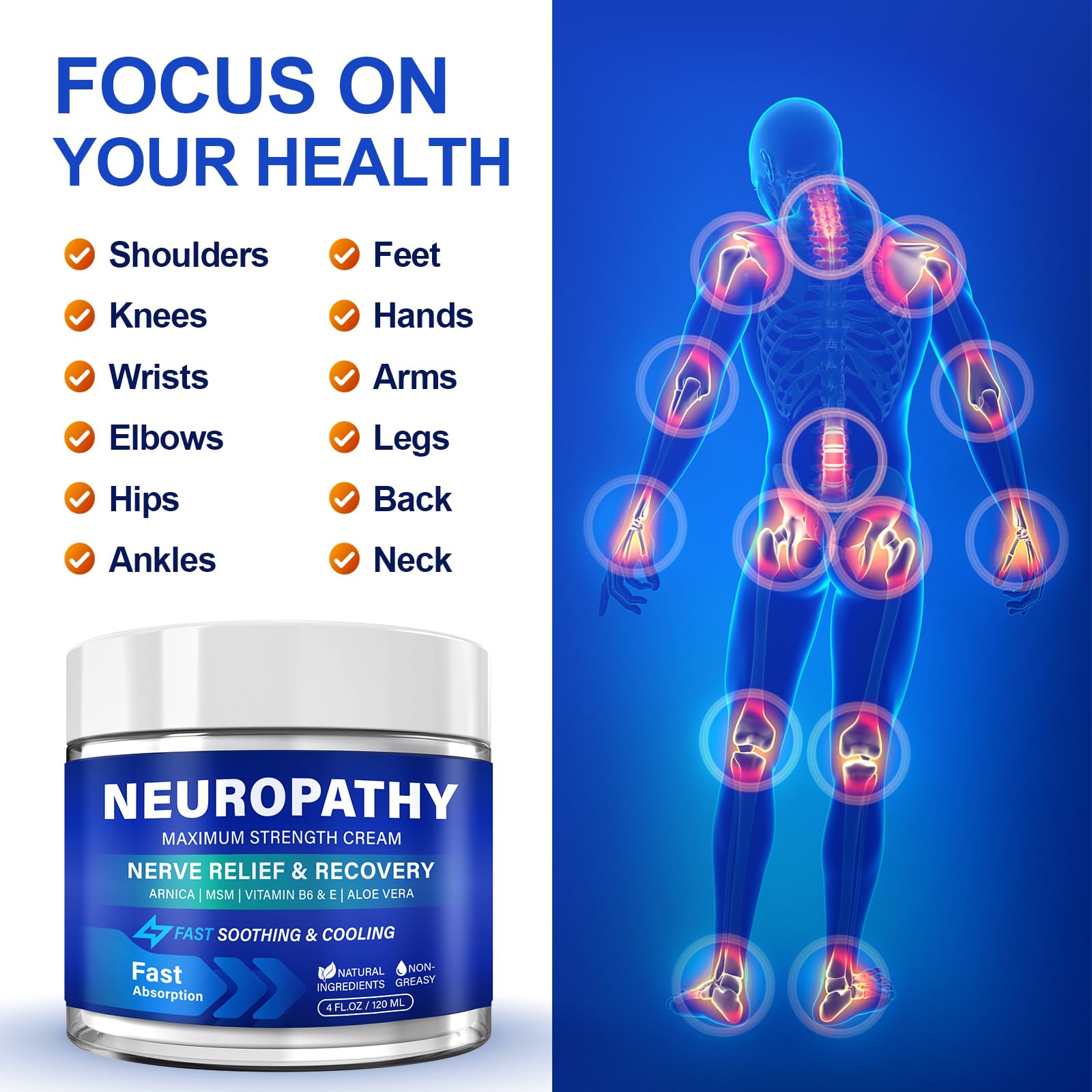 Neuropathy Nerve Relief Cream, Large 4 Oz, Nerve Savior for Neuropathy-Maximum Strength for Feet, Hands, Legs ＆ Toes, Neuropathy Cream with Arnica, Vitamin B6, Aloe Vera ＆ MSM, 120 ml - TrustMedUSA