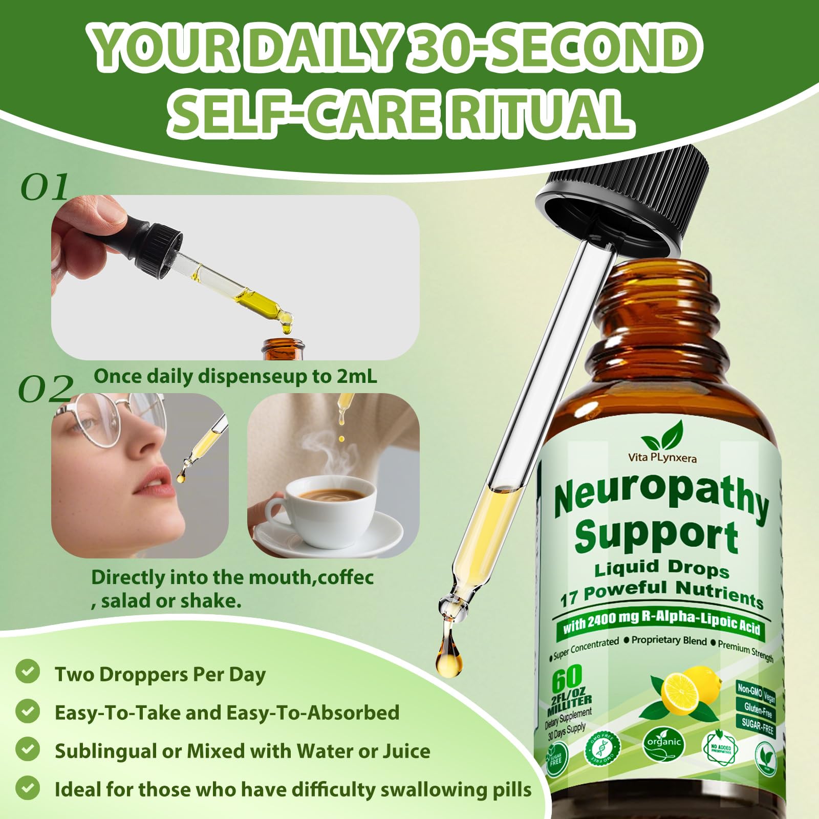 Neuropathy Supplements Liquid Drops, Advance 17-in-1 Stabilized R-Alpha Lipoic Acid (R-ALA) w. Acetyl L-Carnitine Vitamin B-Complex Magnesium, High Potency R-Lipoic Acid for Nerve Antioxidant Energy - TrustMedUSA