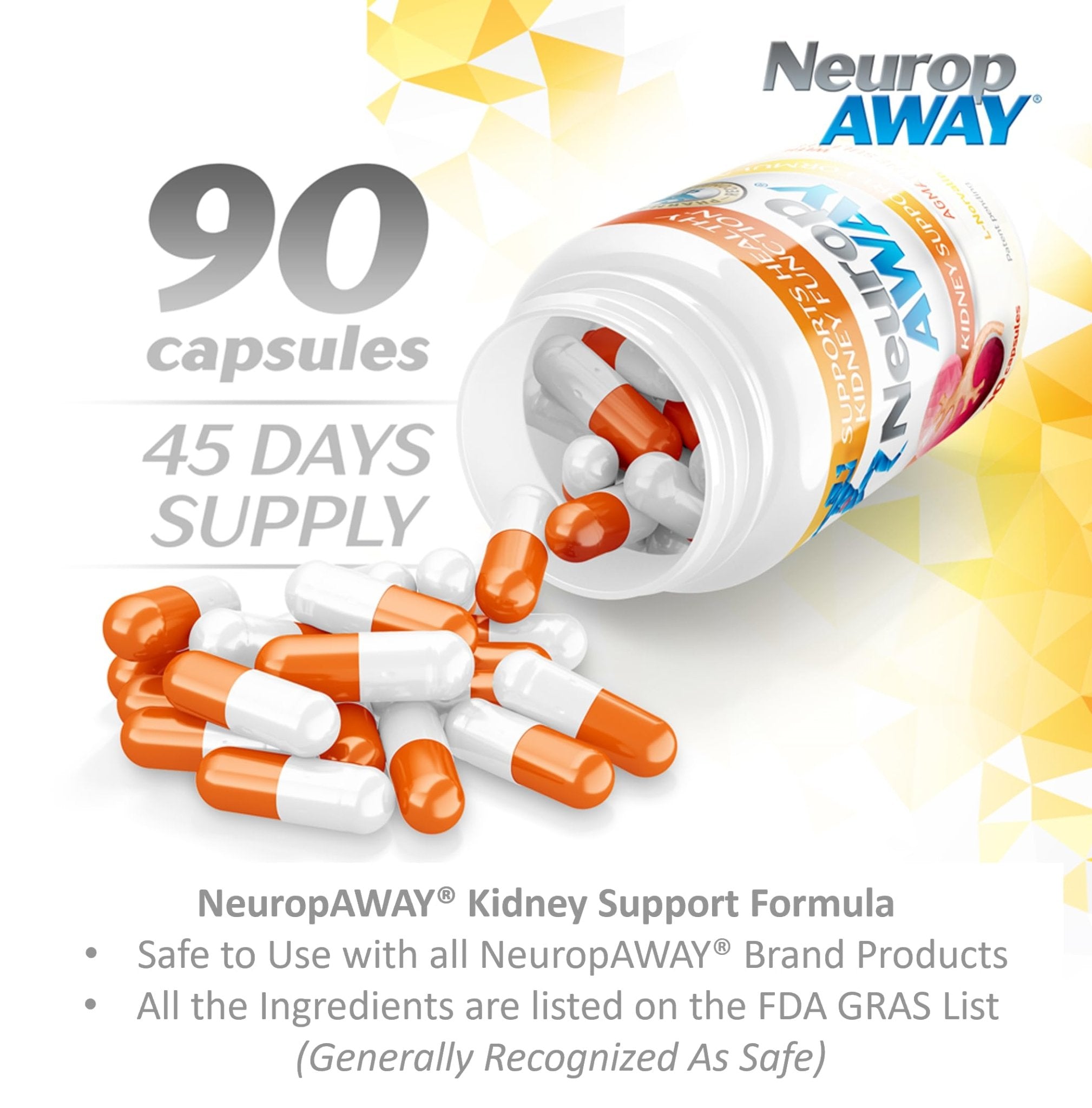 NeuropAWAY Kidney Support Formula Sugar Free with Agmatine Sulfate 500mg L-Novaline 50mg L-Ornithine 150mg L-Citrulline 100mg Per Capsule 90CT Fast Acting Kidney Support - TrustMedUSA