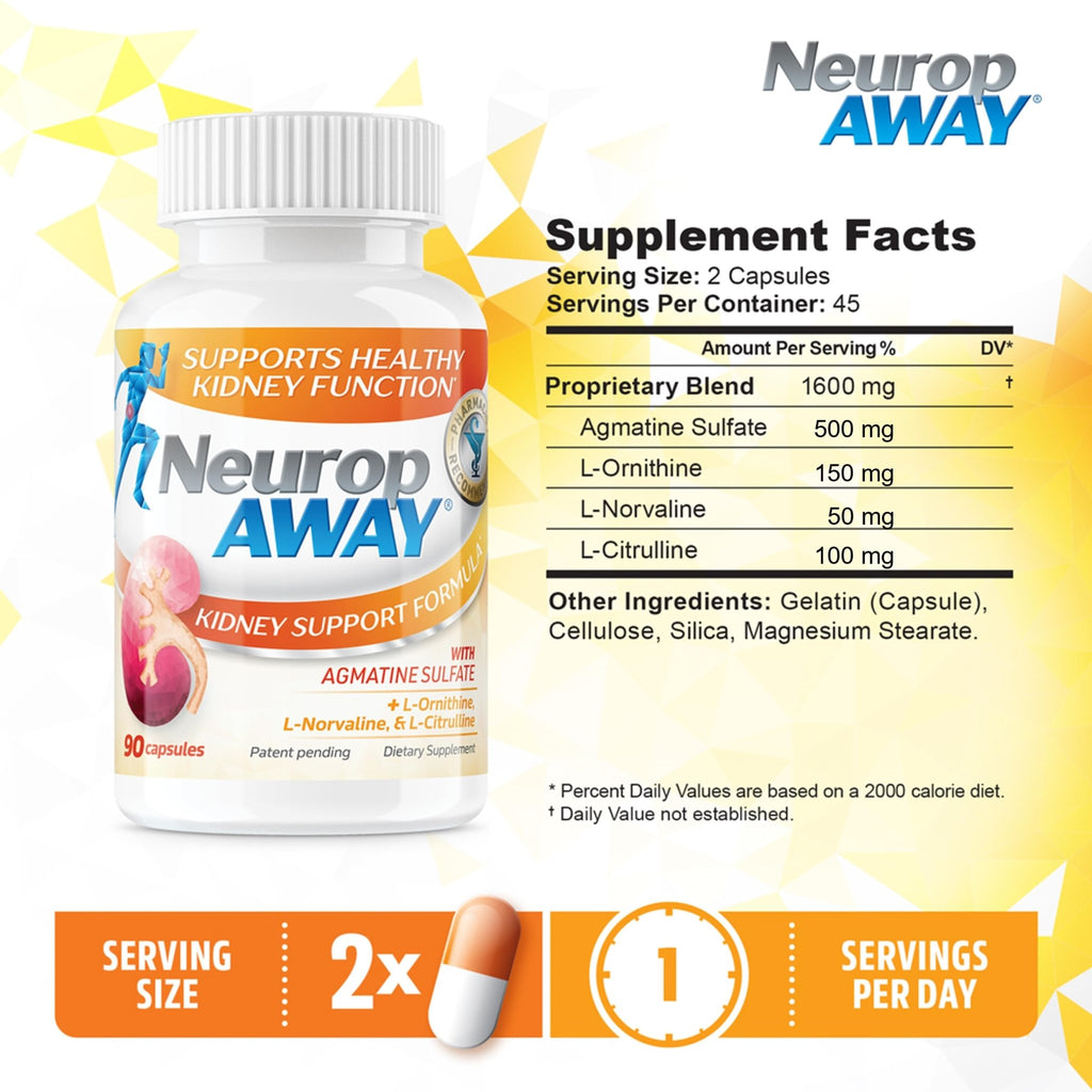 NeuropAWAY Kidney Support Formula Sugar Free with Agmatine Sulfate 500mg L-Novaline 50mg L-Ornithine 150mg L-Citrulline 100mg Per Capsule 90CT Fast Acting Kidney Support - TrustMedUSA