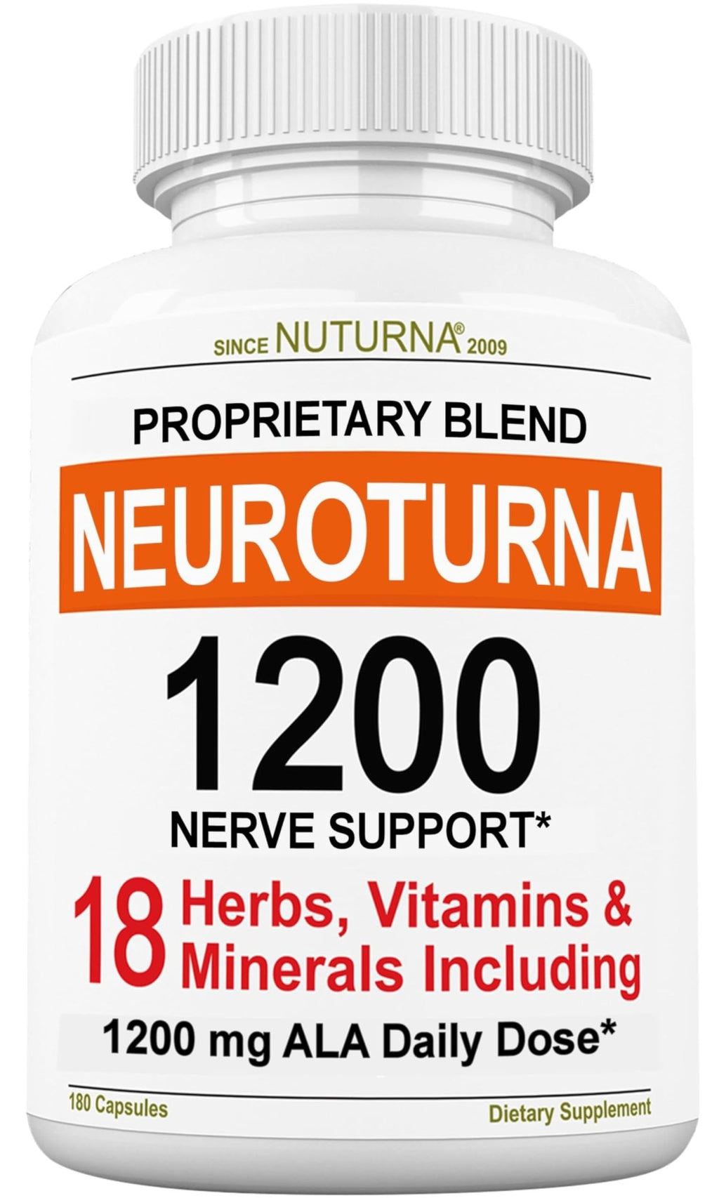 Neuroturna Support Supplement with 1200 mg Pure Alpha Lipoic Acid - Maximum Strength Formula with ALA + Vitamins + Minerals + Herbs - Best Natural Support - 180 Capsules - TrustMedUSA