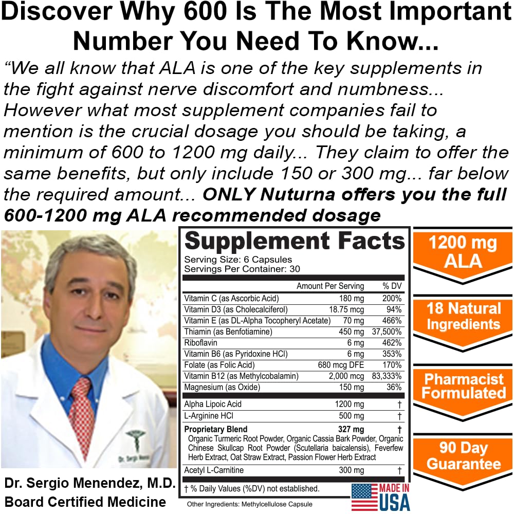 Neuroturna Support Supplement with 1200 mg Pure Alpha Lipoic Acid - Maximum Strength Formula with ALA + Vitamins + Minerals + Herbs - Best Natural Support - 180 Capsules - TrustMedUSA