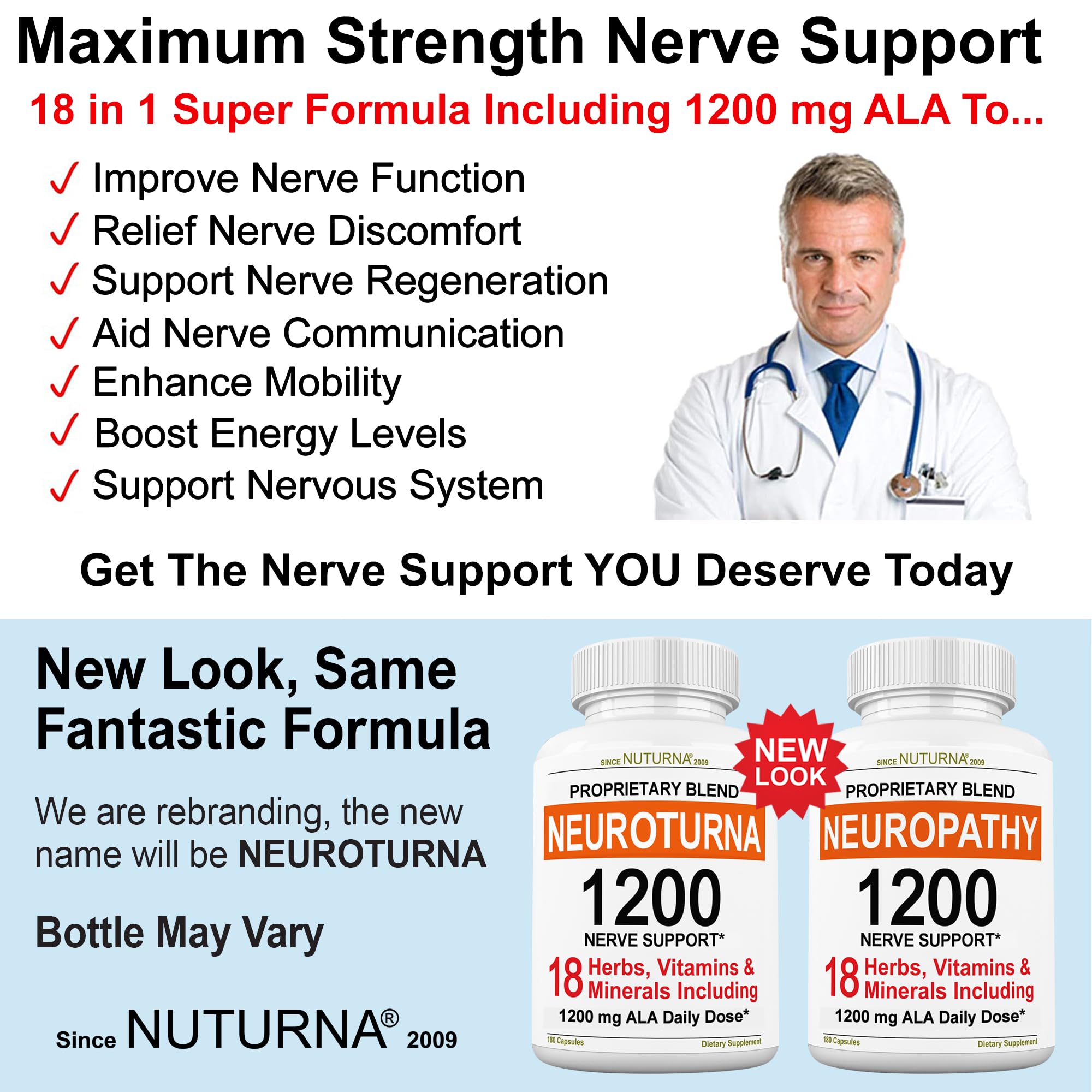 Neuroturna Support Supplement with 1200 mg Pure Alpha Lipoic Acid - Maximum Strength Formula with ALA + Vitamins + Minerals + Herbs - Best Natural Support - 180 Capsules - TrustMedUSA