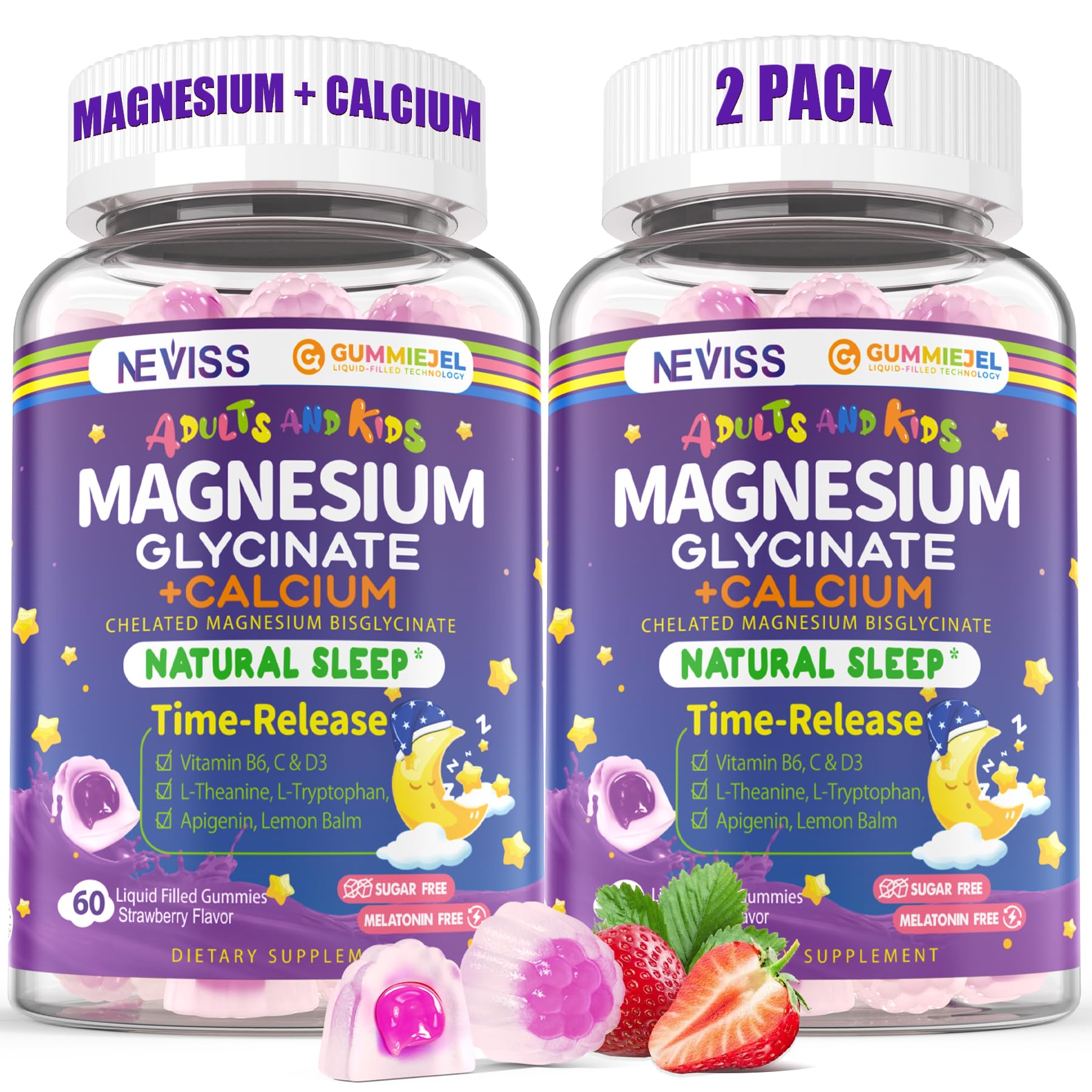 Neviss Magnesium Glycinate + Calcium Filled Gummies for Adults and Kids 4+, Kids Sleep Gummies Melatonin Free, No Sugar Magnesium Supplement w/B6 D3, L-Theanine for Zzz Relax, Brain,Bone,Muscle 2Pack - TrustMedUSA
