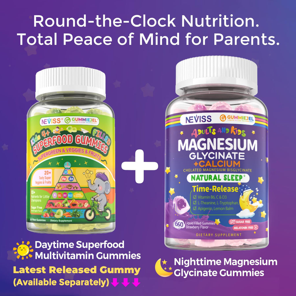 Neviss Magnesium Glycinate + Calcium Filled Gummies for Adults and Kids 4+, Kids Sleep Gummies Melatonin Free, Sugar Free Magnesium Supplement with B6 D3, - TrustMedUSA
