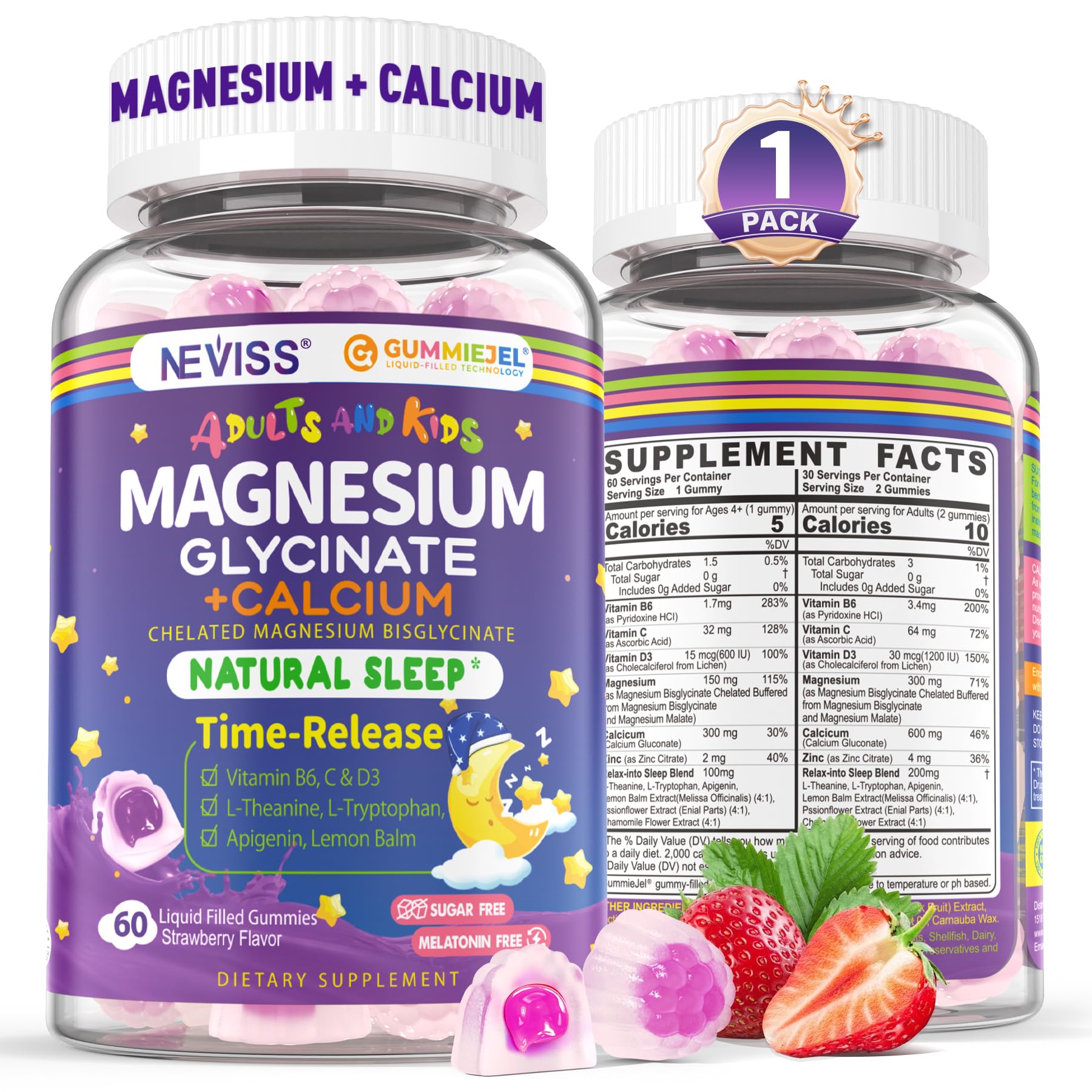 Neviss Magnesium Glycinate + Calcium Filled Gummies for Adults and Kids 4+, Kids Sleep Gummies Melatonin Free, Sugar Free Magnesium Supplement with B6 D3, - TrustMedUSA