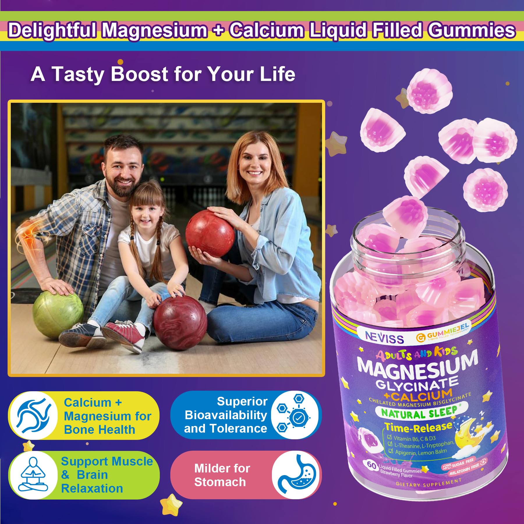 Neviss Magnesium Glycinate + Calcium Filled Gummies for Adults and Kids 4+, Kids Sleep Gummies Melatonin Free, Sugar Free Magnesium Supplement with B6 D3, - TrustMedUSA