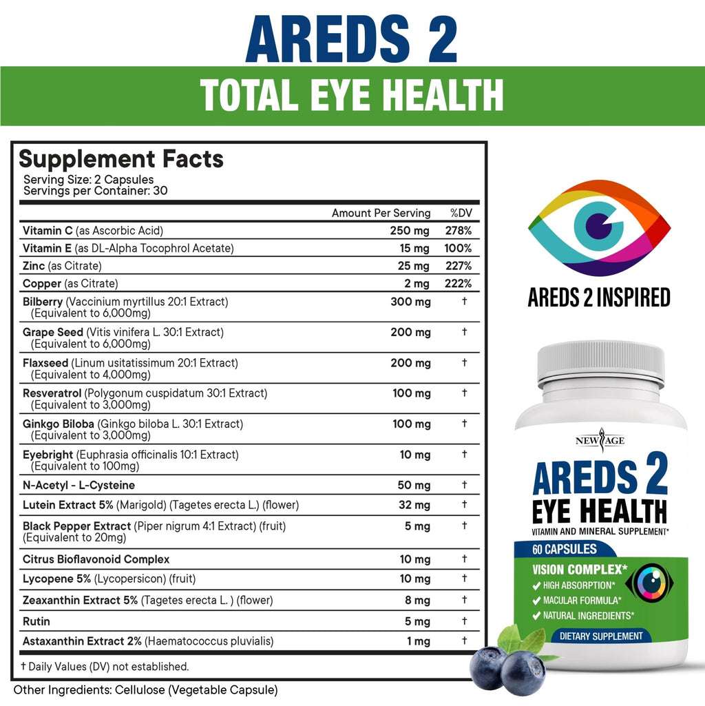 NEW AGE AREDS 2 Eye Vitamins - Lutein, Zeaxanthin, Bilberry, Astaxanthin Mineral Vision Supplement - 180 Count - TrustMedUSA