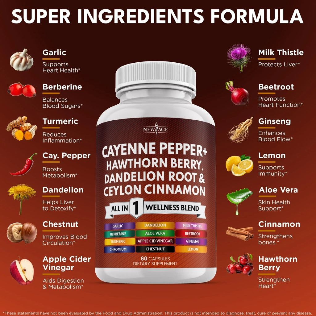 NEW AGE Cayenne Pepper Capsules Supplement with Hawthorn Berry, Dandelion Root, Ceylon Cinnamon, Garlic, Ginger, ACV, Milk Thistle, Beet Root, Aloe Vera - 120 Count - TrustMedUSA