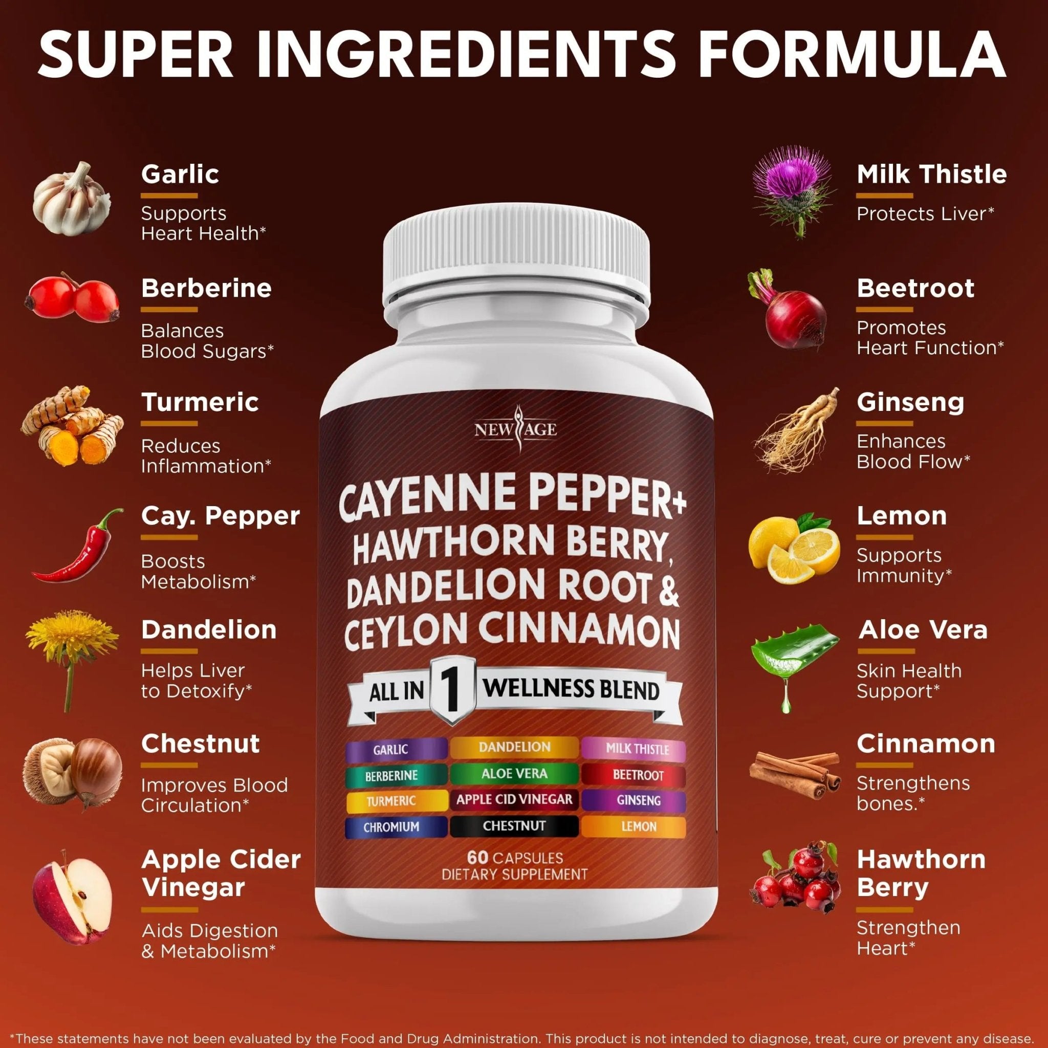 NEW AGE Cayenne Pepper Capsules Supplement with Hawthorn Berry, Dandelion Root, Ceylon Cinnamon, Garlic, Ginger, ACV, Milk Thistle, Beet Root, Aloe Vera - 120 Count - TrustMedUSA