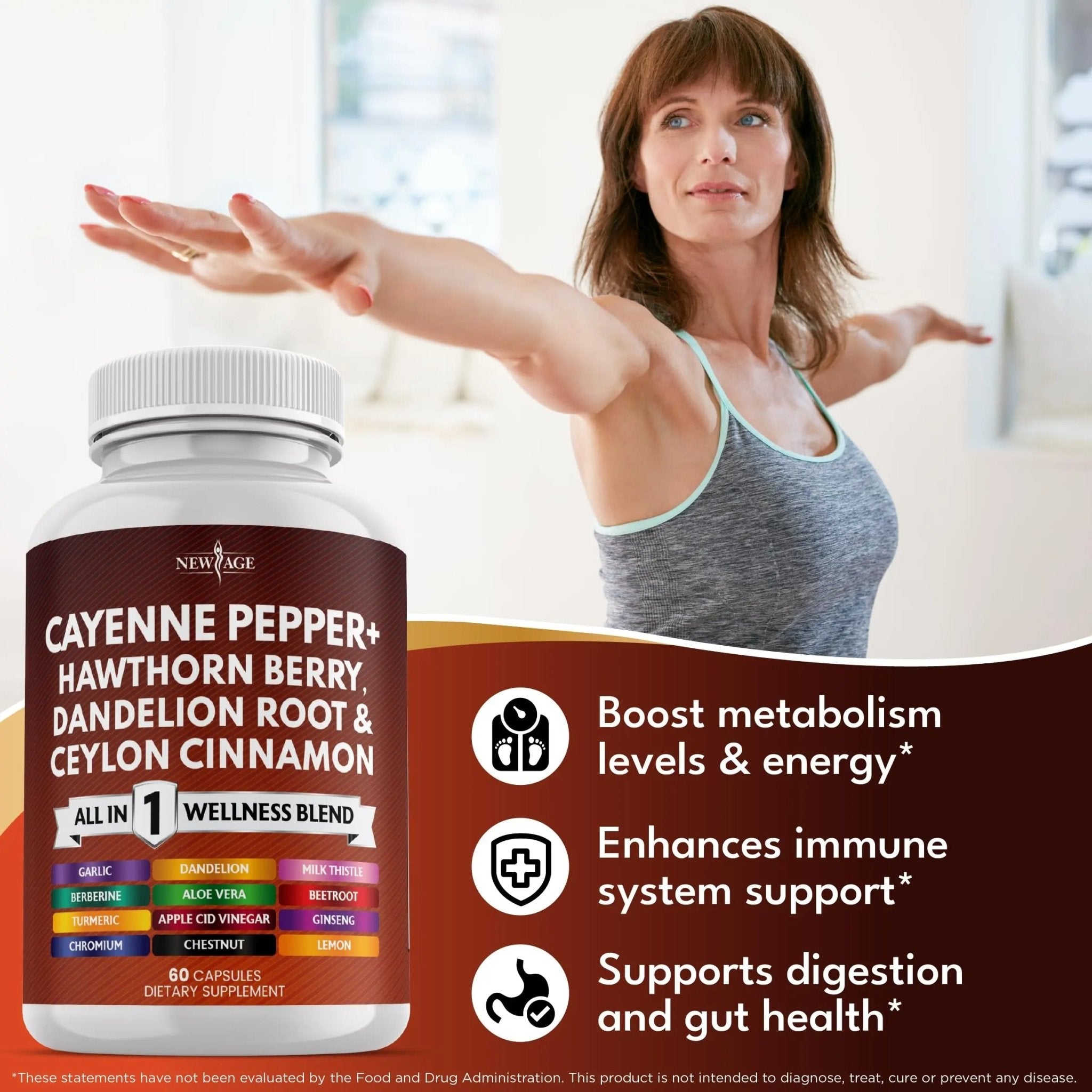 NEW AGE Cayenne Pepper Capsules Supplement with Hawthorn Berry, Dandelion Root, Ceylon Cinnamon, Garlic, Ginger, ACV, Milk Thistle, Beet Root, Aloe Vera - 120 Count - TrustMedUSA