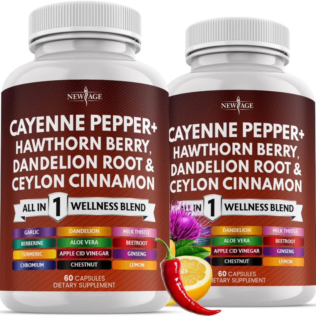 NEW AGE Cayenne Pepper Capsules Supplement with Hawthorn Berry, Dandelion Root, Ceylon Cinnamon, Garlic, Ginger, ACV, Milk Thistle, Beet Root, Aloe Vera - 120 Count - TrustMedUSA