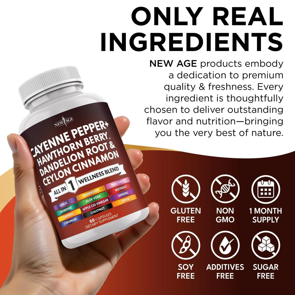 NEW AGE Cayenne Pepper Capsules Supplement with Hawthorn Berry, Dandelion Root, Ceylon Cinnamon, Garlic, Ginger, ACV, Milk Thistle, Beet Root, Aloe Vera - 120 Count - TrustMedUSA