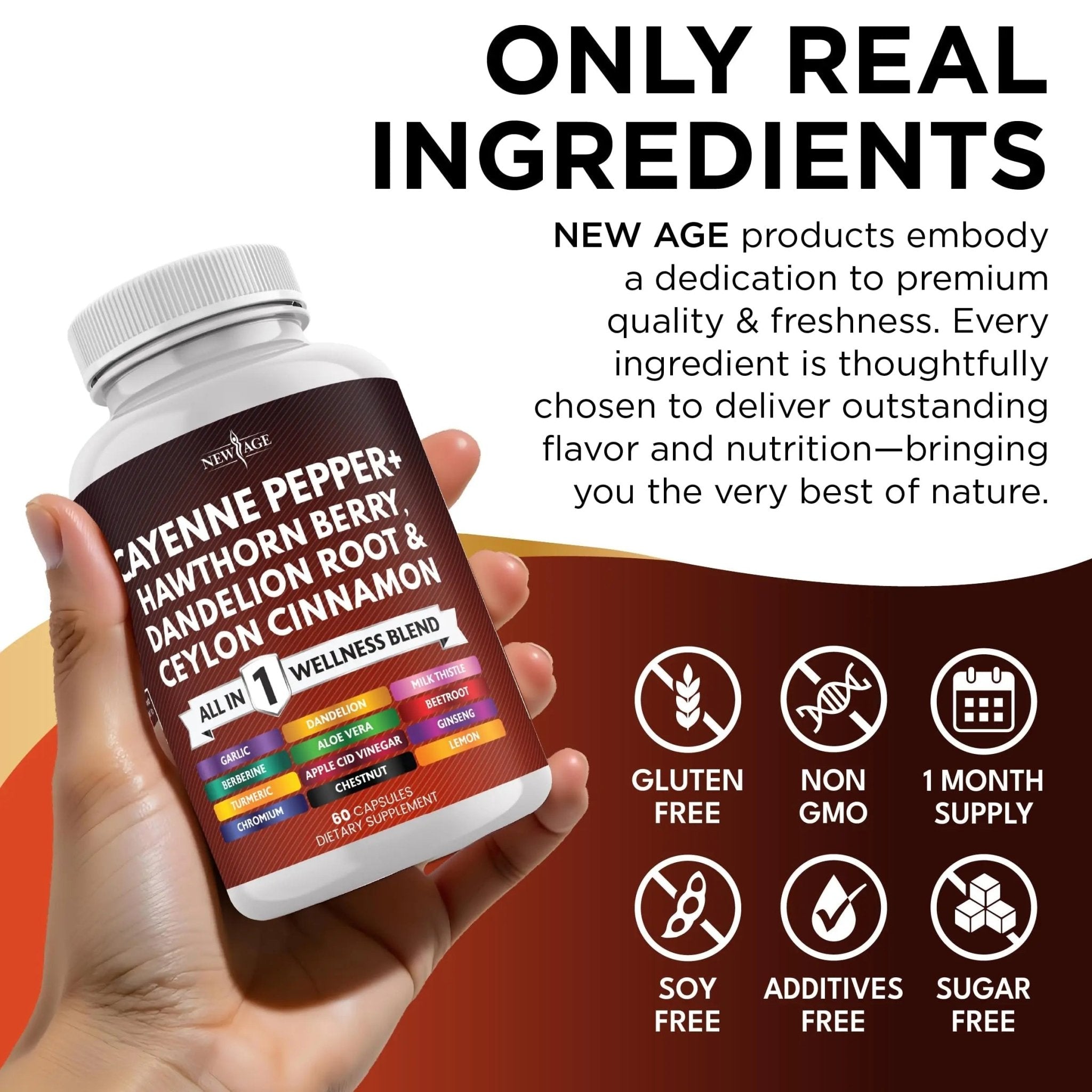NEW AGE Cayenne Pepper Capsules Supplement with Hawthorn Berry, Dandelion Root, Ceylon Cinnamon, Garlic, Ginger, ACV, Milk Thistle, Beet Root, Aloe Vera - 120 Count - TrustMedUSA