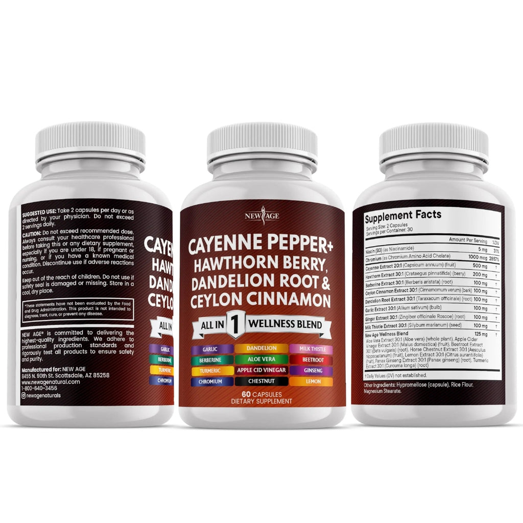 NEW AGE Cayenne Pepper Capsules Supplement with Hawthorn Berry, Dandelion Root, Ceylon Cinnamon, Garlic, Ginger, ACV, Milk Thistle, Beet Root, Aloe Vera - 120 Count - TrustMedUSA