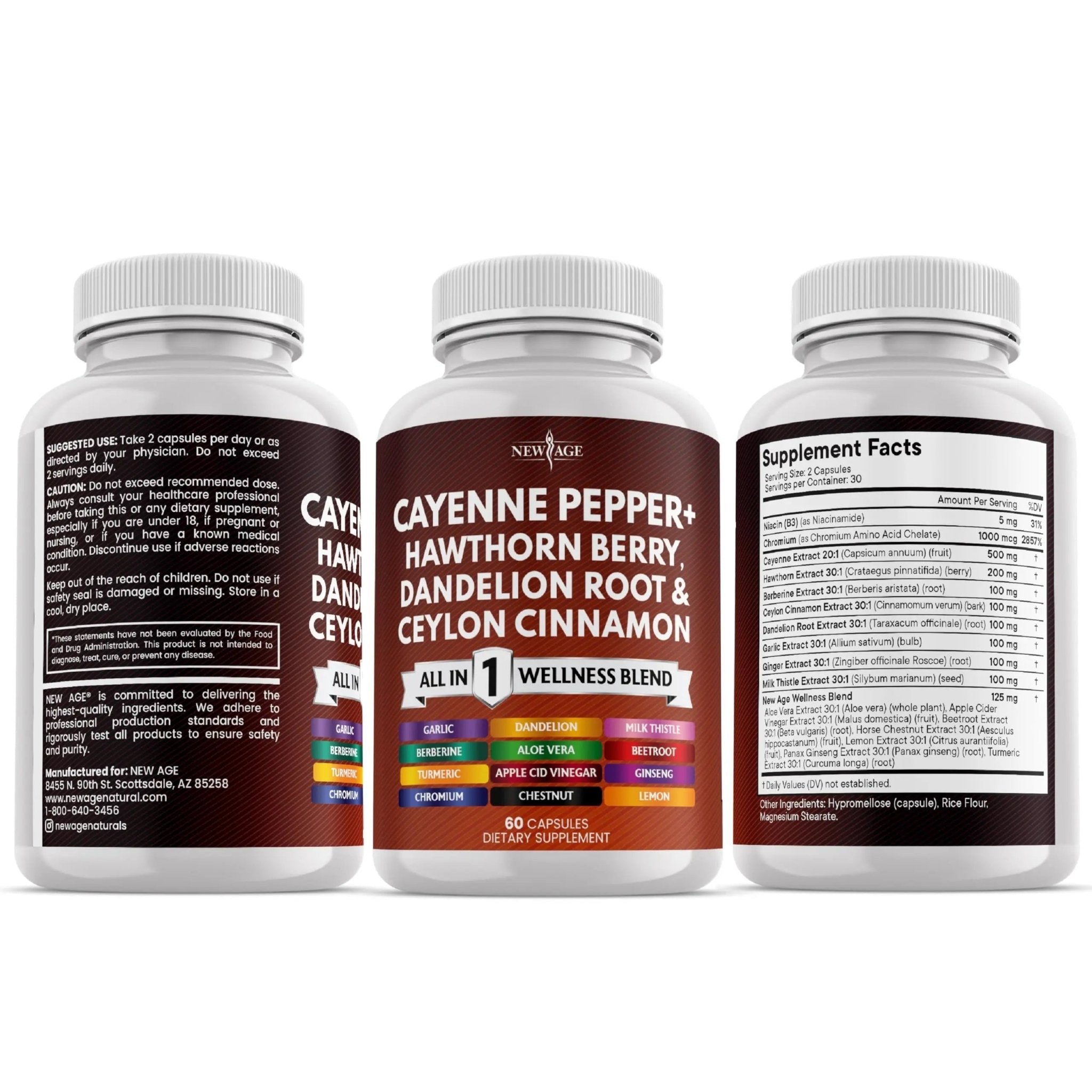NEW AGE Cayenne Pepper Capsules Supplement with Hawthorn Berry, Dandelion Root, Ceylon Cinnamon, Garlic, Ginger, ACV, Milk Thistle, Beet Root, Aloe Vera - 120 Count - TrustMedUSA