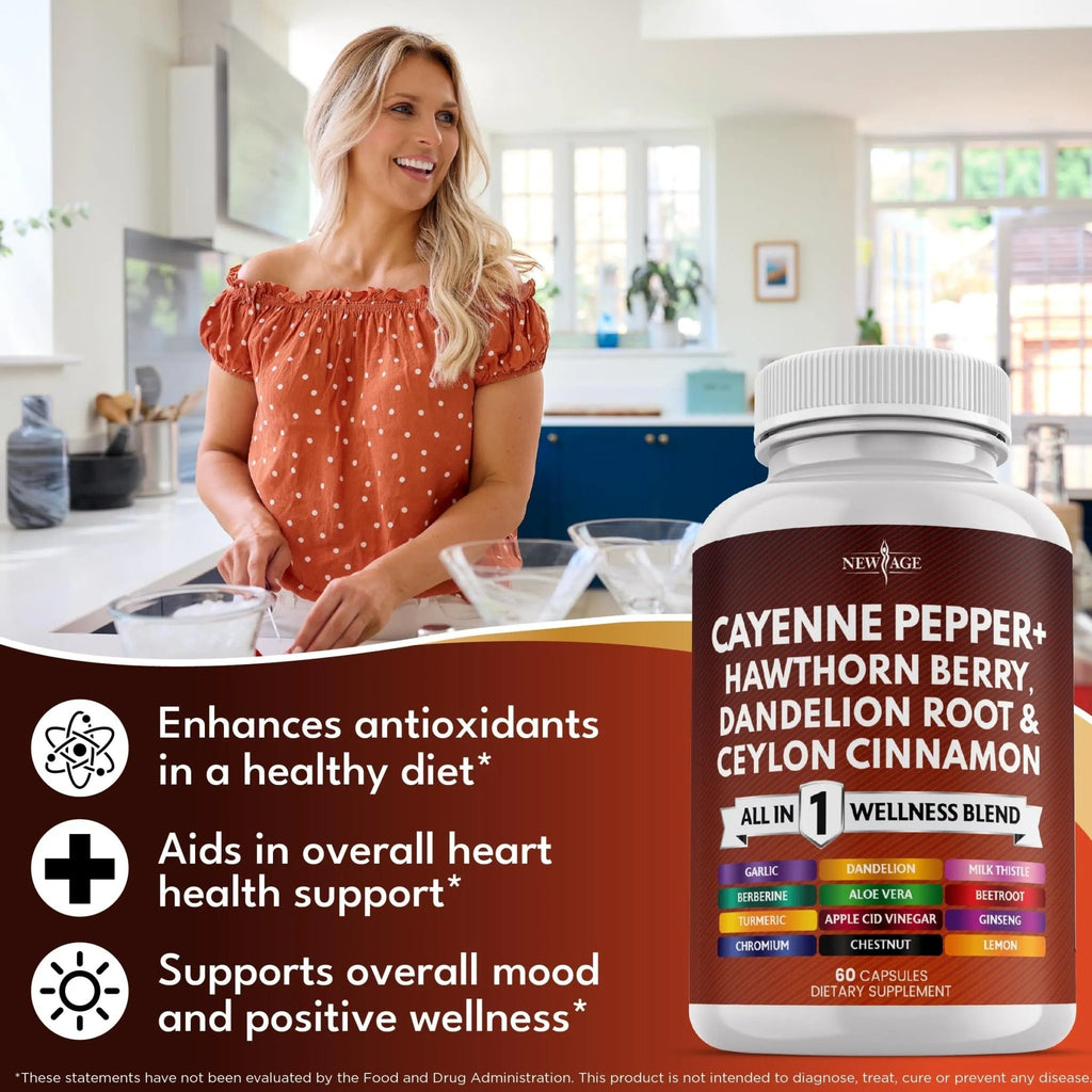 NEW AGE Cayenne Pepper Capsules Supplement with Hawthorn Berry, Dandelion Root, Ceylon Cinnamon, Garlic, Ginger, ACV, Milk Thistle, Beet Root, Aloe Vera - 120 Count - TrustMedUSA