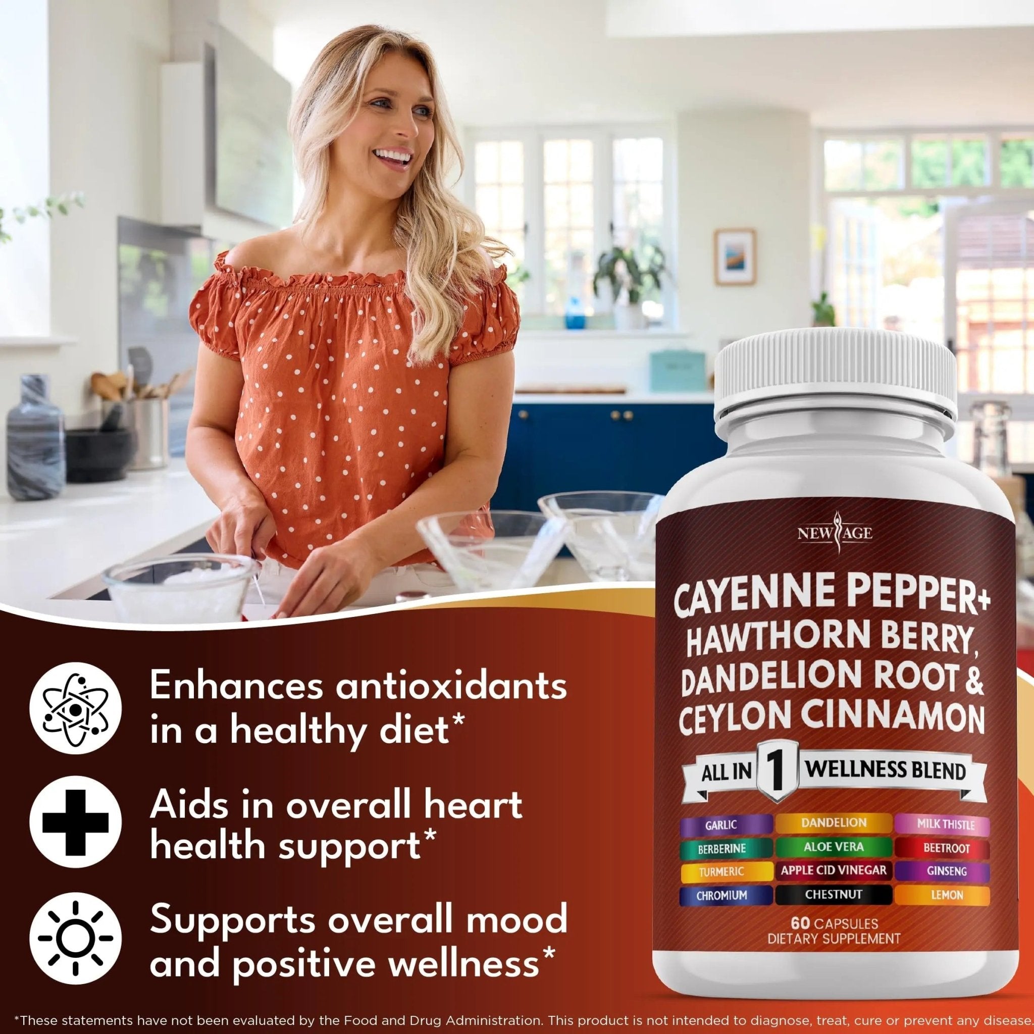 NEW AGE Cayenne Pepper Capsules Supplement with Hawthorn Berry, Dandelion Root, Ceylon Cinnamon, Garlic, Ginger, ACV, Milk Thistle, Beet Root, Aloe Vera - 120 Count - TrustMedUSA