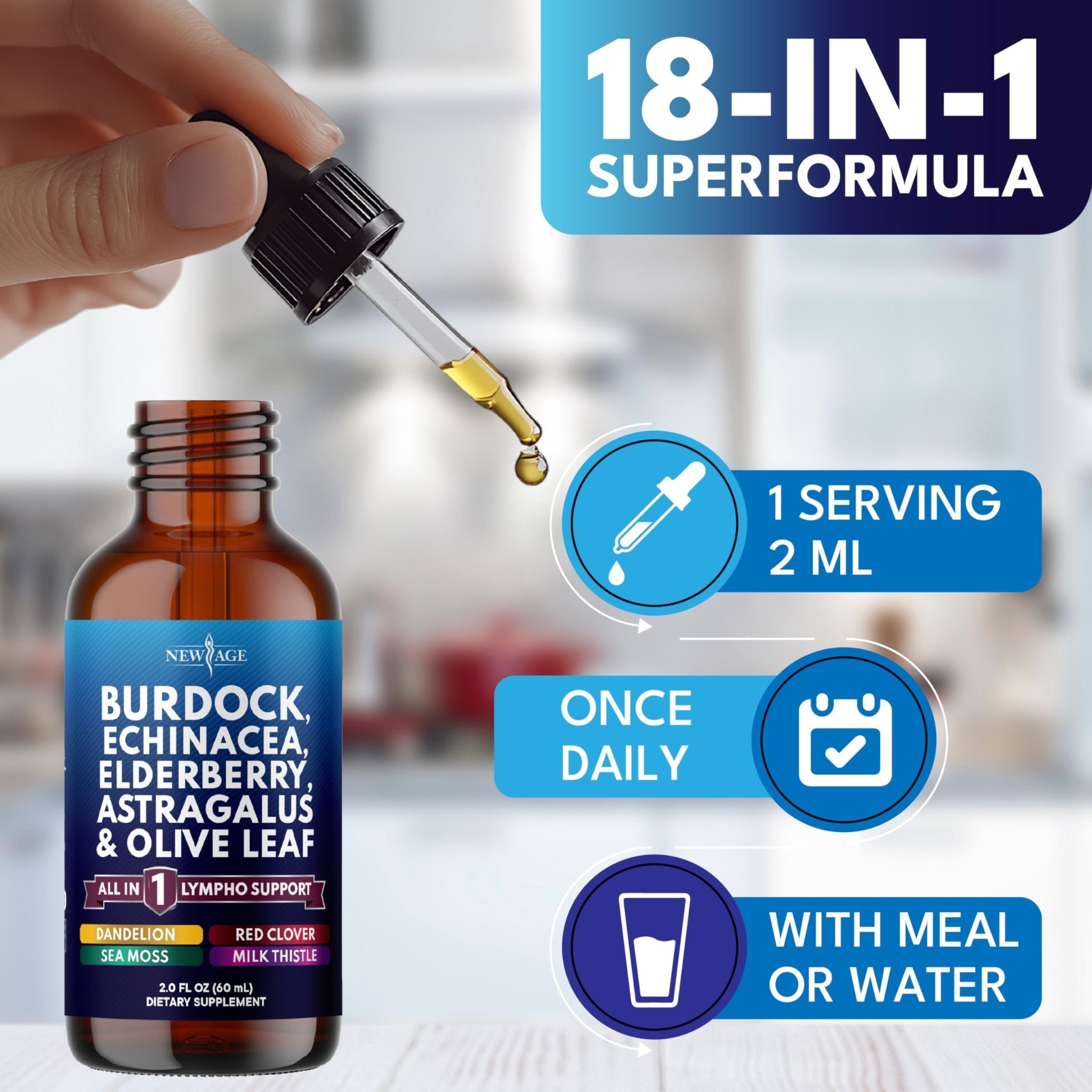 NEW AGE Lymphatic Drainage Supplement - Burdock Lymphatic Support Drops - Burdock Root, Mullein, Echinacea, Elderberry, Dandelion, Astragalus, Milk Thistle, Red Clover - 4 oz - Maple Wellness Supplements