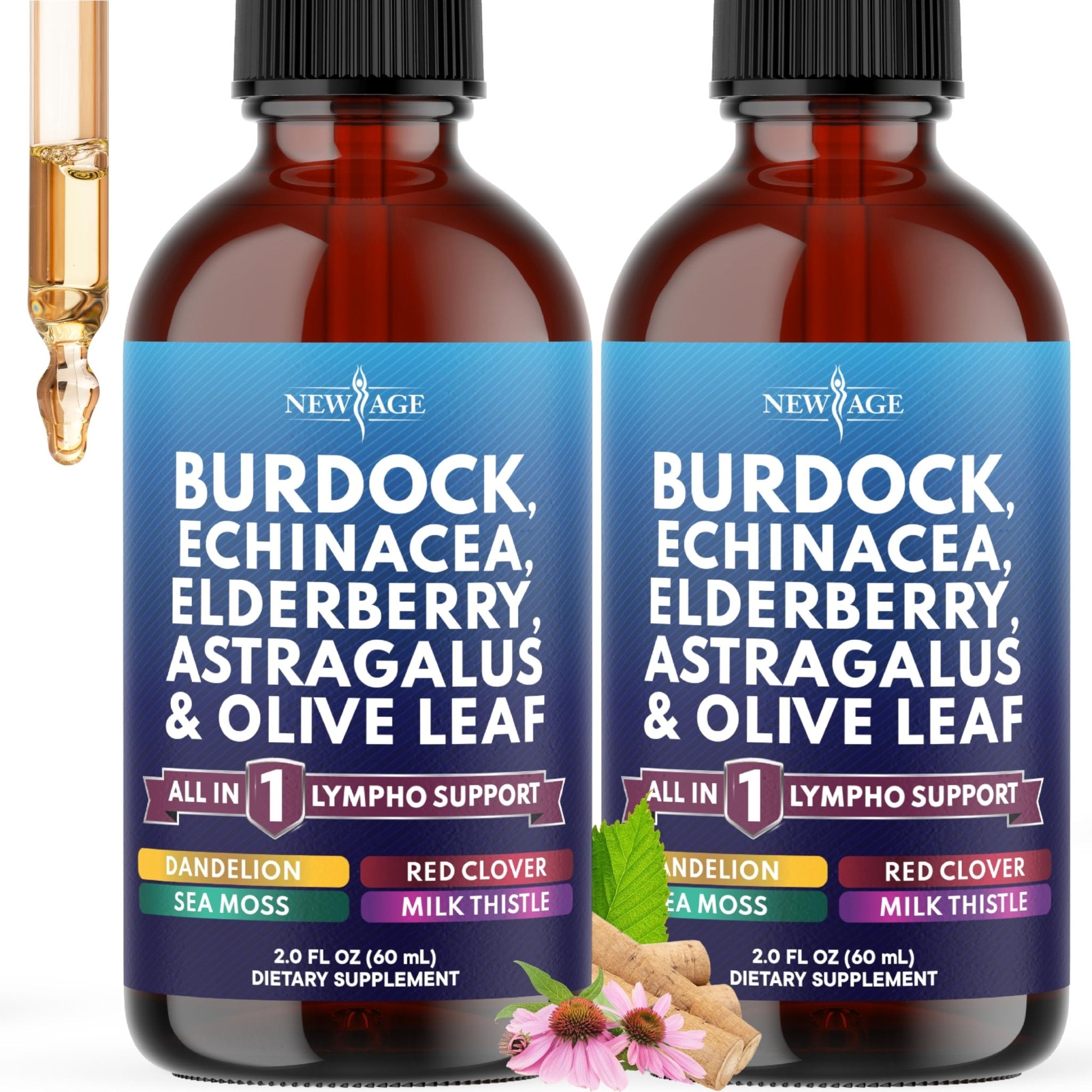 NEW AGE Lymphatic Drainage Supplement - Burdock Lymphatic Support Drops - Burdock Root, Mullein, Echinacea, Elderberry, Dandelion, Astragalus, Milk Thistle, Red Clover - 4 oz - Maple Wellness Supplements