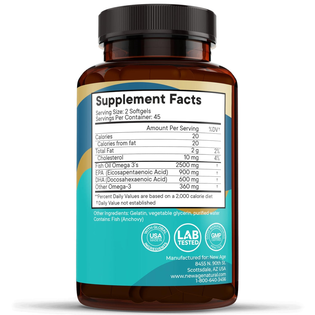 NEW AGE Omega 3 Fish Oil 2500mg Supplement Non GMO - EPA, DHA Fatty Acids Gluten Free (180 Softgels (Pack of 2)) - Maple Wellness Supplements