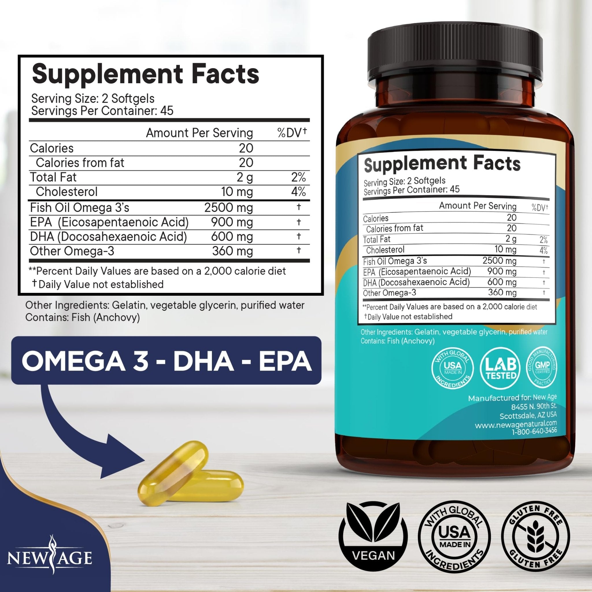 NEW AGE Omega 3 Fish Oil Supplement Immune & Health Support – Promotes Joint, Eye & Skin Health - Non GMO - EPA, DHA Fatty Acids Gluten Free (90 Softgels (Pack of 1)) - Maple Wellness Supplements