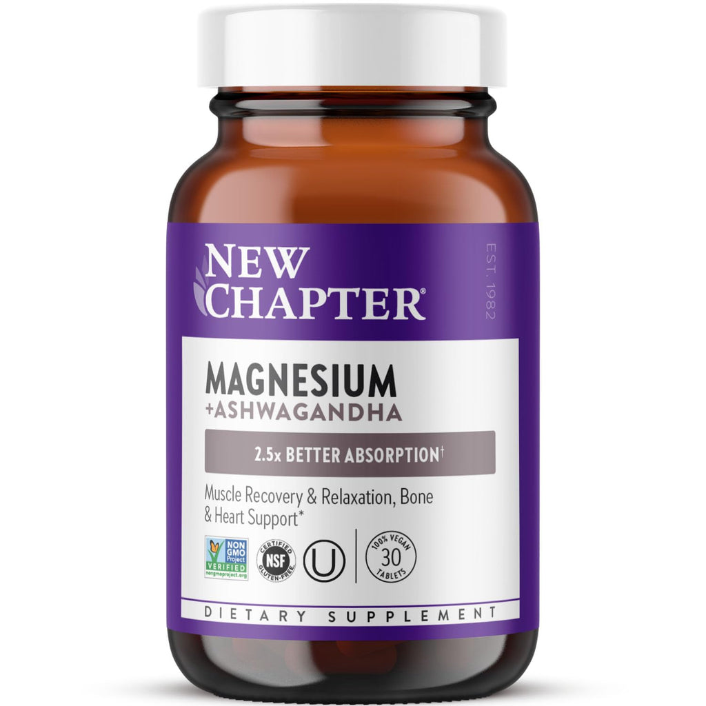 New Chapter Magnesium + Ashwagandha Supplement, 325 mg with Magnesium Glycinate for Muscle Relaxation & Recovery, Heart, Nerve & Bone Health, 2.5X Absorption, Non-GMO - 30 ct (1 Month Supply) - TrustMedUSA