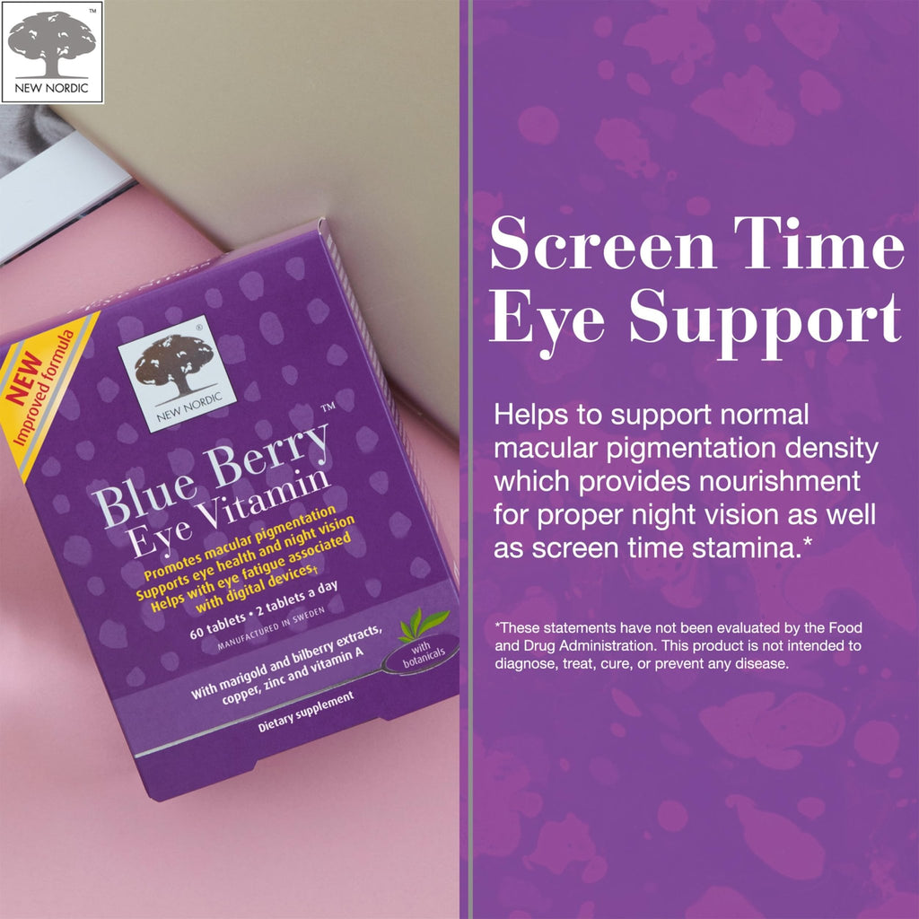 NEW NORDIC Blue Berry Eye Vitamin Lutein Supplement with Zinc, Supports Macular Pigmentation, Eye & Vision Function, 60 Tablets (Pack of 1) - TrustMedUSA