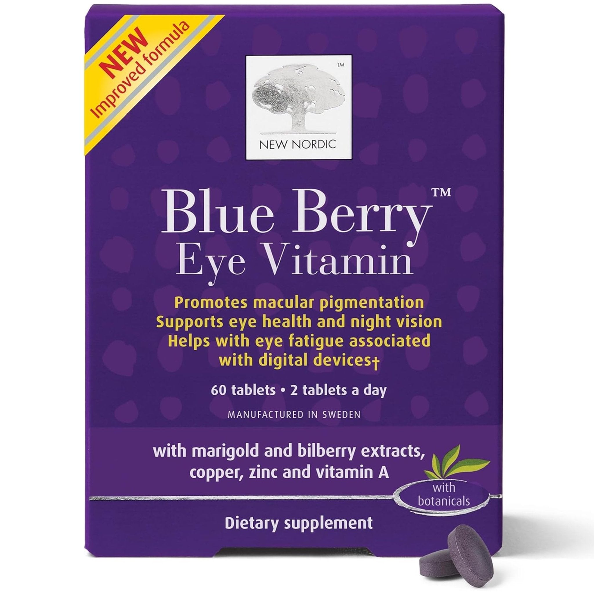 NEW NORDIC Blue Berry Eye Vitamin Lutein Supplement with Zinc, Supports Macular Pigmentation, Eye & Vision Function, 60 Tablets (Pack of 1) - TrustMedUSA