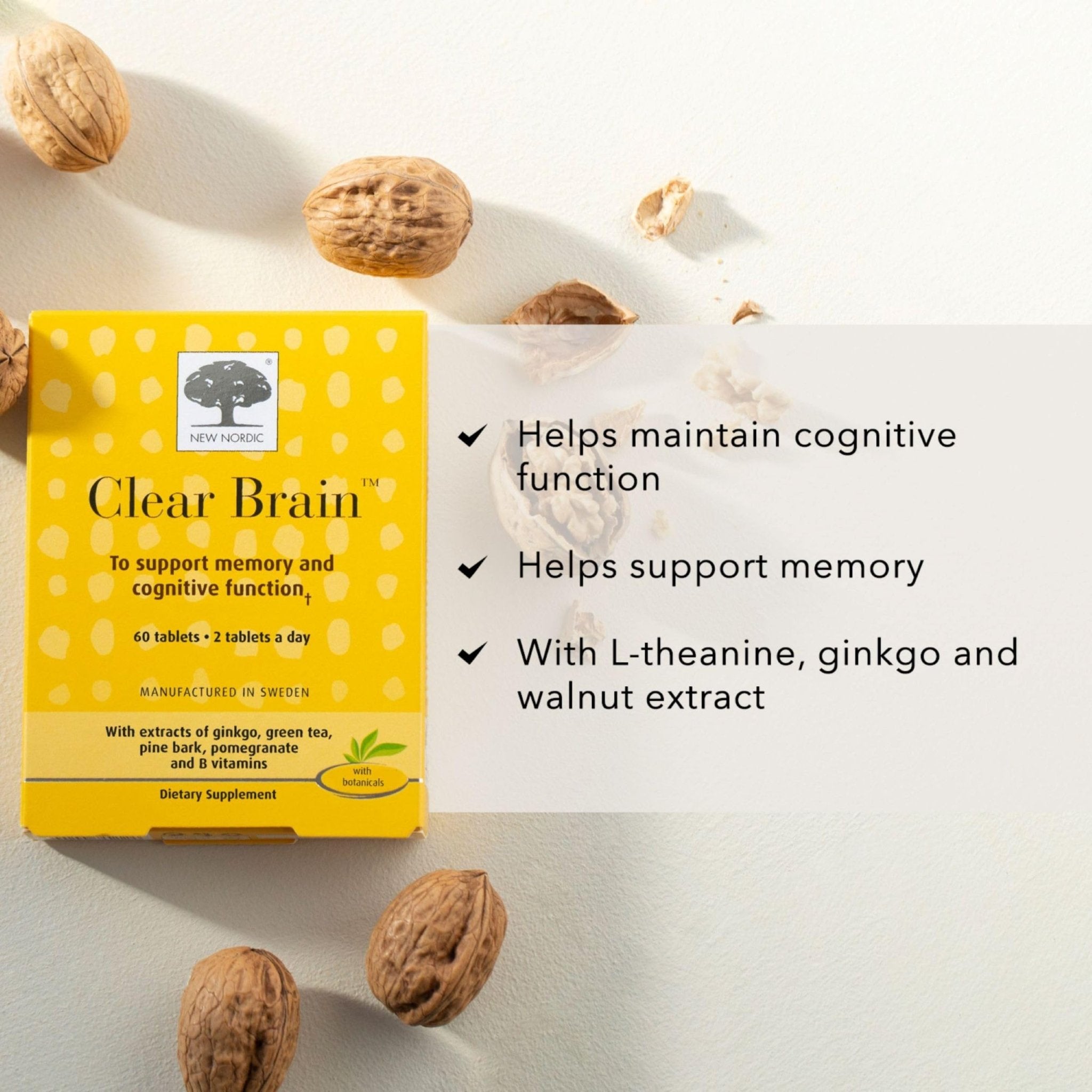 New Nordic Clear Brain Tablets, Supports Normal Cognitive Health and Memory, with Green Tea and Walnut, Swedish Made, 60 Count (Pack of 1) - TrustMedUSA