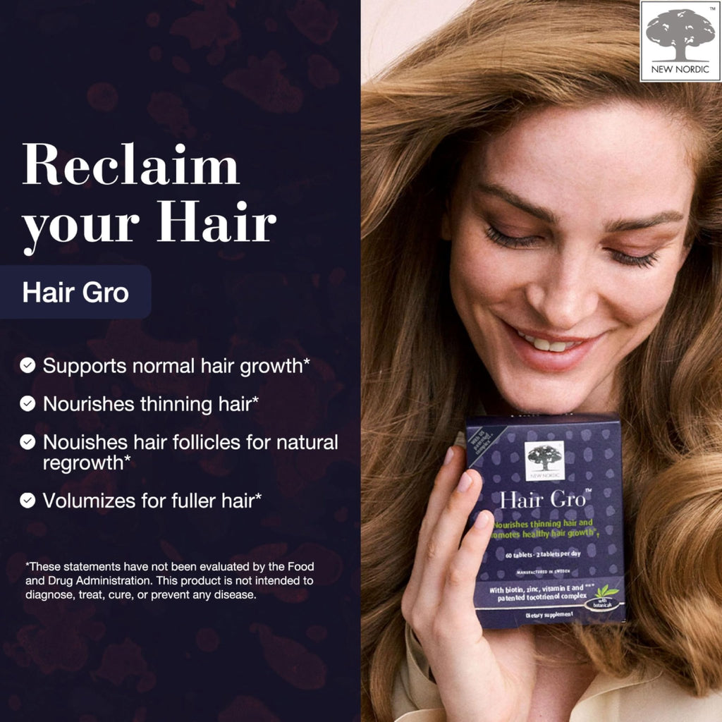NEW NORDIC Hair GRO, Hair Growth Supplement, Biotin & Palm Fruit Extract Tocotrienols for Natural Regrowth, 60 Count (Pack of 3) - TrustMedUSA