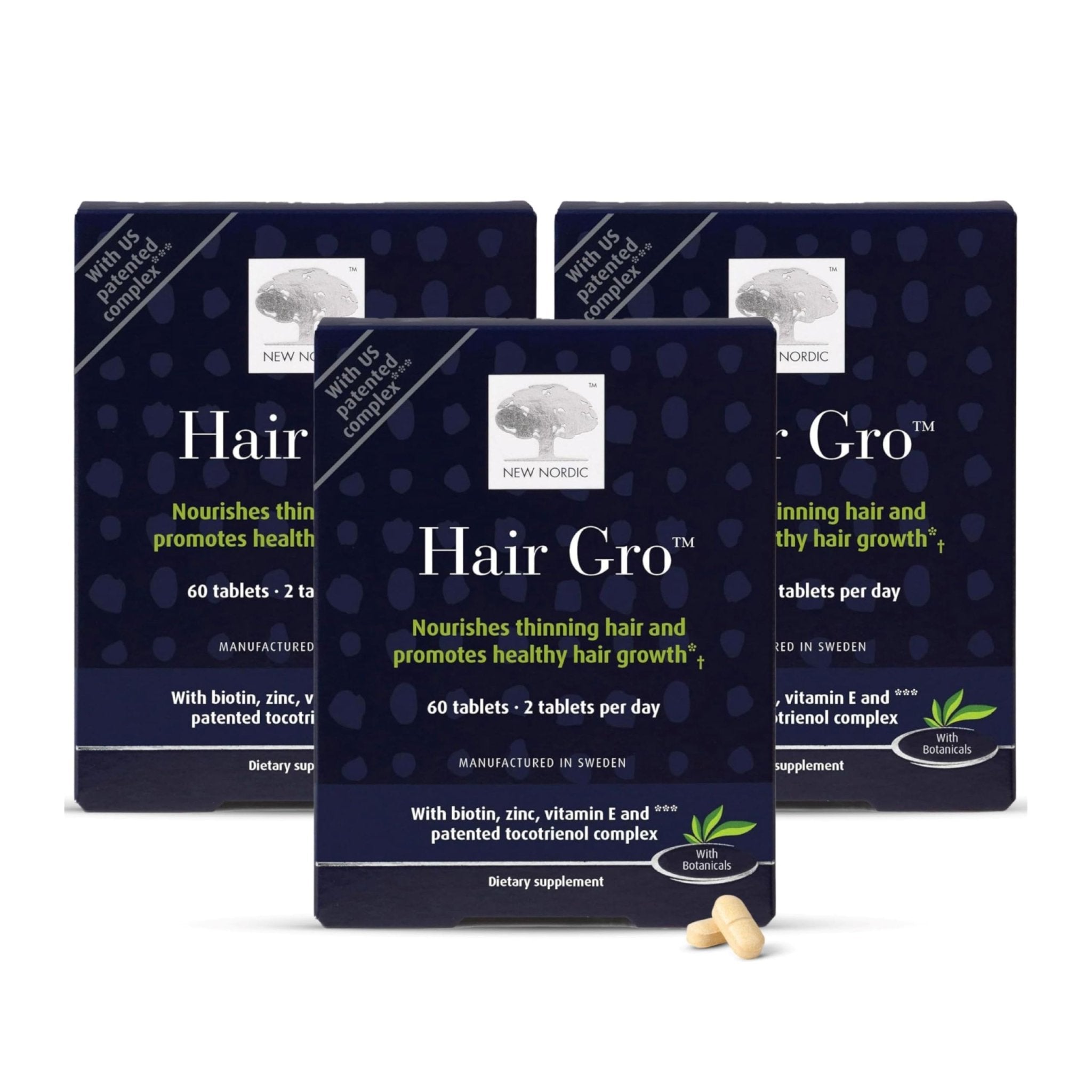 NEW NORDIC Hair GRO, Hair Growth Supplement, Biotin & Palm Fruit Extract Tocotrienols for Natural Regrowth, 60 Count (Pack of 3) - TrustMedUSA