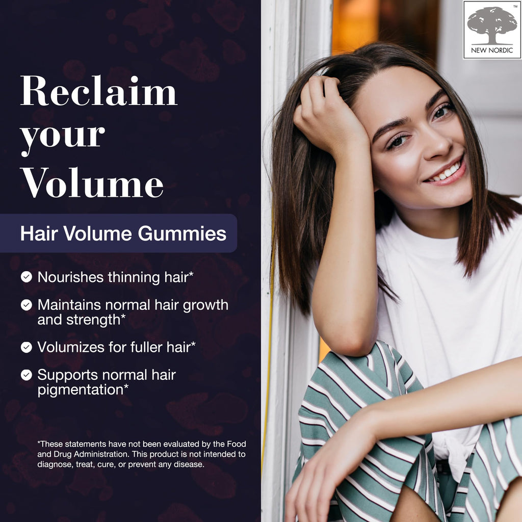 NEW NORDIC Hair Volume Gummies, 2500 mcg Biotin, Daily Hair Vitamins Supplement to Support Hair Skin & Nails, Vegan, 60 Count (Pack of 3) - TrustMedUSA