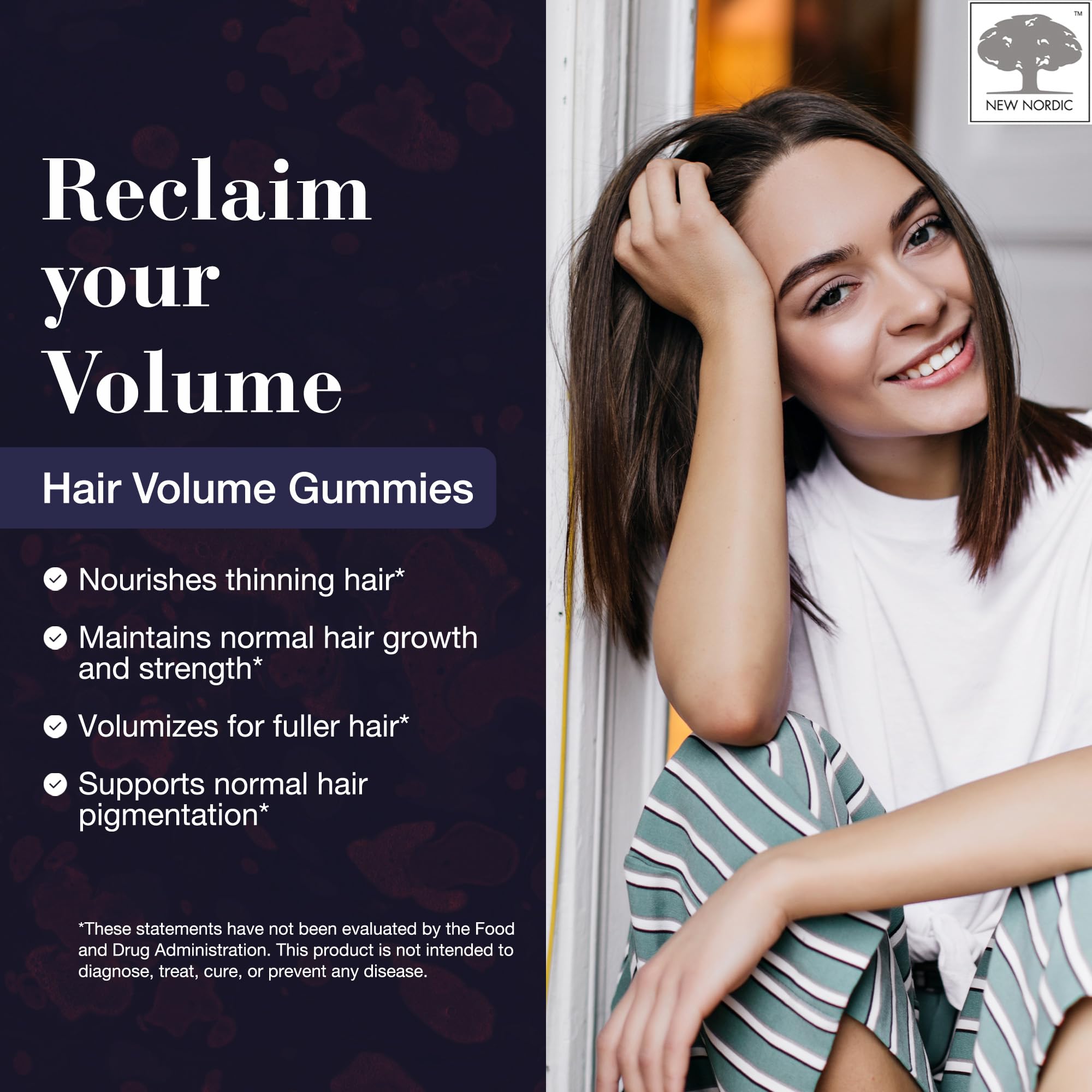 NEW NORDIC Hair Volume Gummies, 2500 mcg Biotin, Daily Hair Vitamins Supplement to Support Hair Skin & Nails, Vegan, 60 Count (Pack of 3) - TrustMedUSA