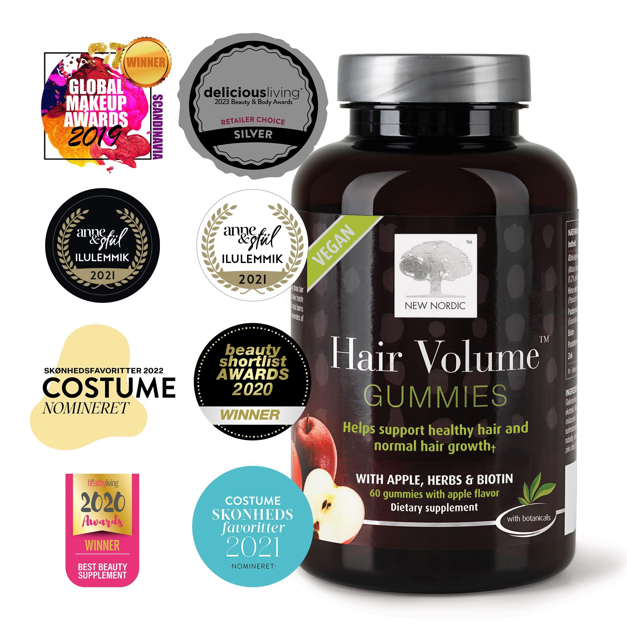 NEW NORDIC Hair Volume Gummies, 2500 mcg Biotin, Daily Hair Vitamins Supplement to Support Hair Skin & Nails, Vegan, 60 Count (Pack of 3) - TrustMedUSA