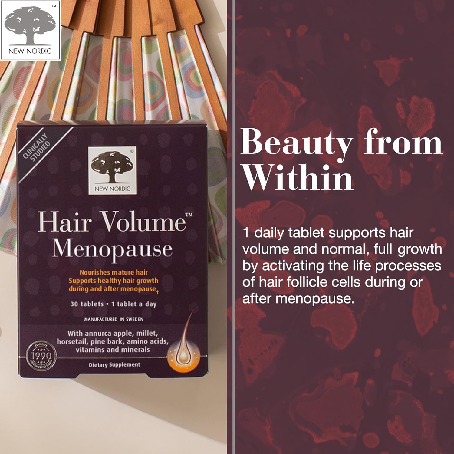New Nordic Hair Volume Menopause, Supports Healthy Hair Growth During and After Menopause, Pine Bark and Annurca Apple Extract, 30 Tablets - TrustMedUSA
