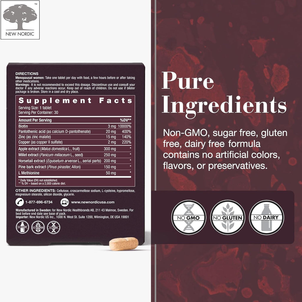 New Nordic Hair Volume Menopause, Supports Healthy Hair Growth During and After Menopause, Pine Bark and Annurca Apple Extract, 30 Tablets - TrustMedUSA
