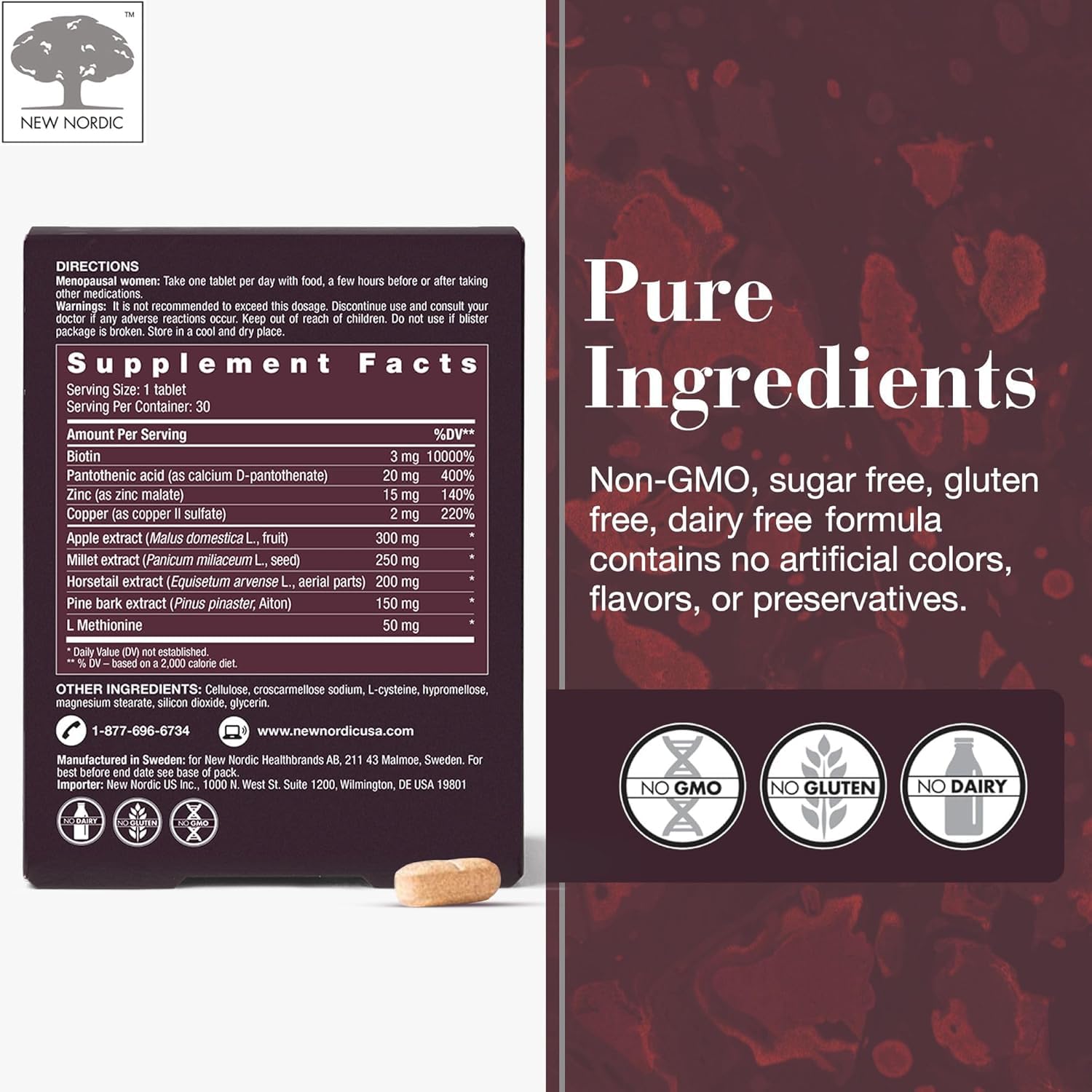 New Nordic Hair Volume Menopause, Supports Healthy Hair Growth During and After Menopause, Pine Bark and Annurca Apple Extract, 30 Tablets - TrustMedUSA