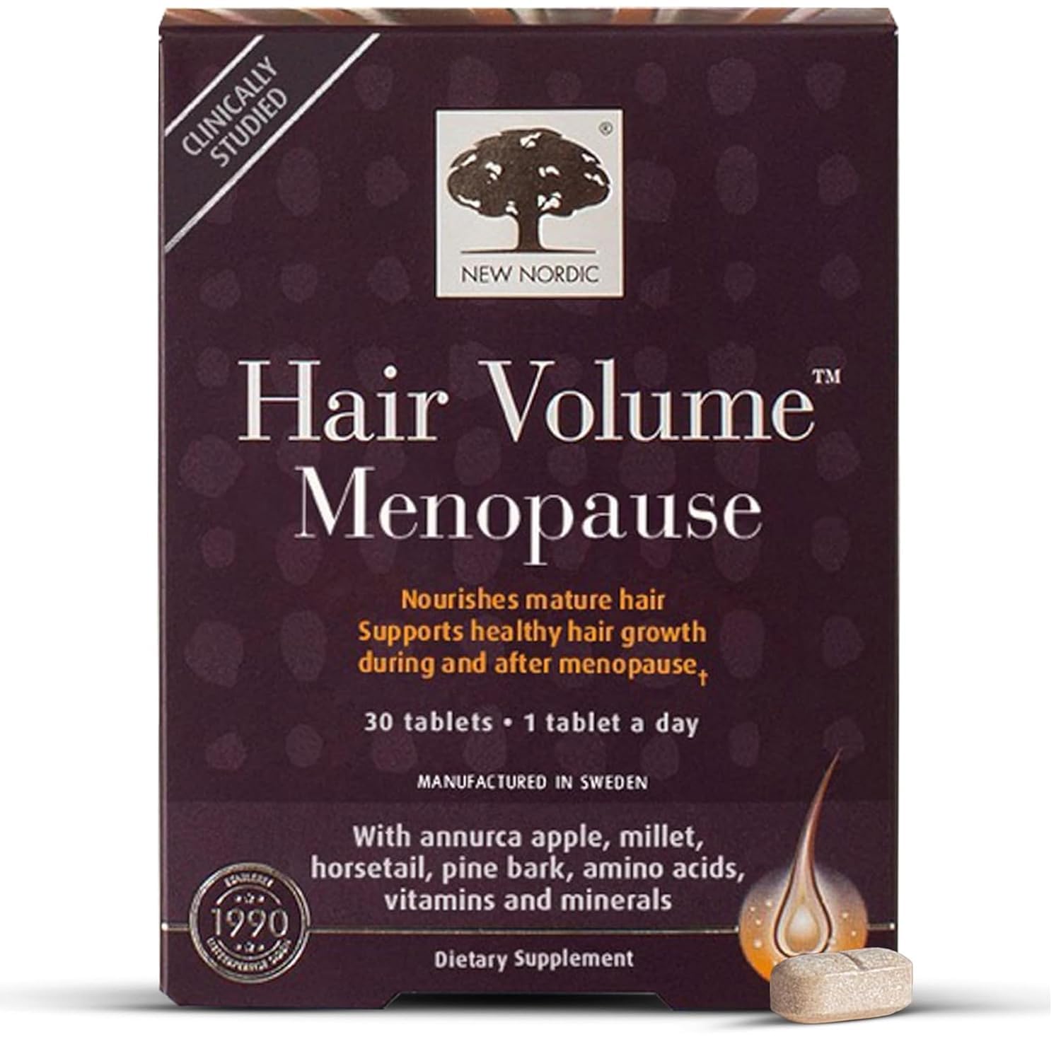 New Nordic Hair Volume Menopause, Supports Healthy Hair Growth During and After Menopause, Pine Bark and Annurca Apple Extract, 30 Tablets - TrustMedUSA